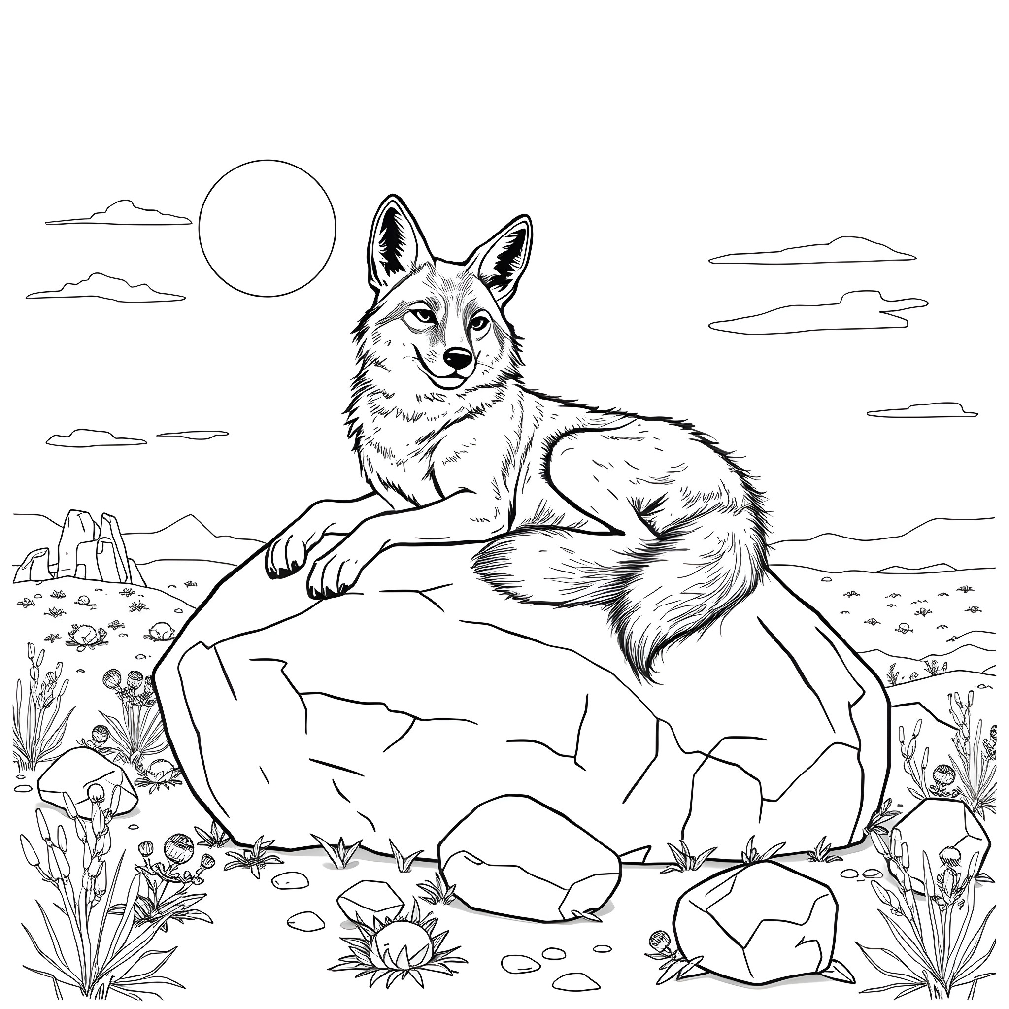 Coyote resting on rocky outcrop in desert landscape Coloring Page (free black-and-white line drawing printable PDF for all, from beginners to advanced learners, including children, teens, adults, and seniors)
