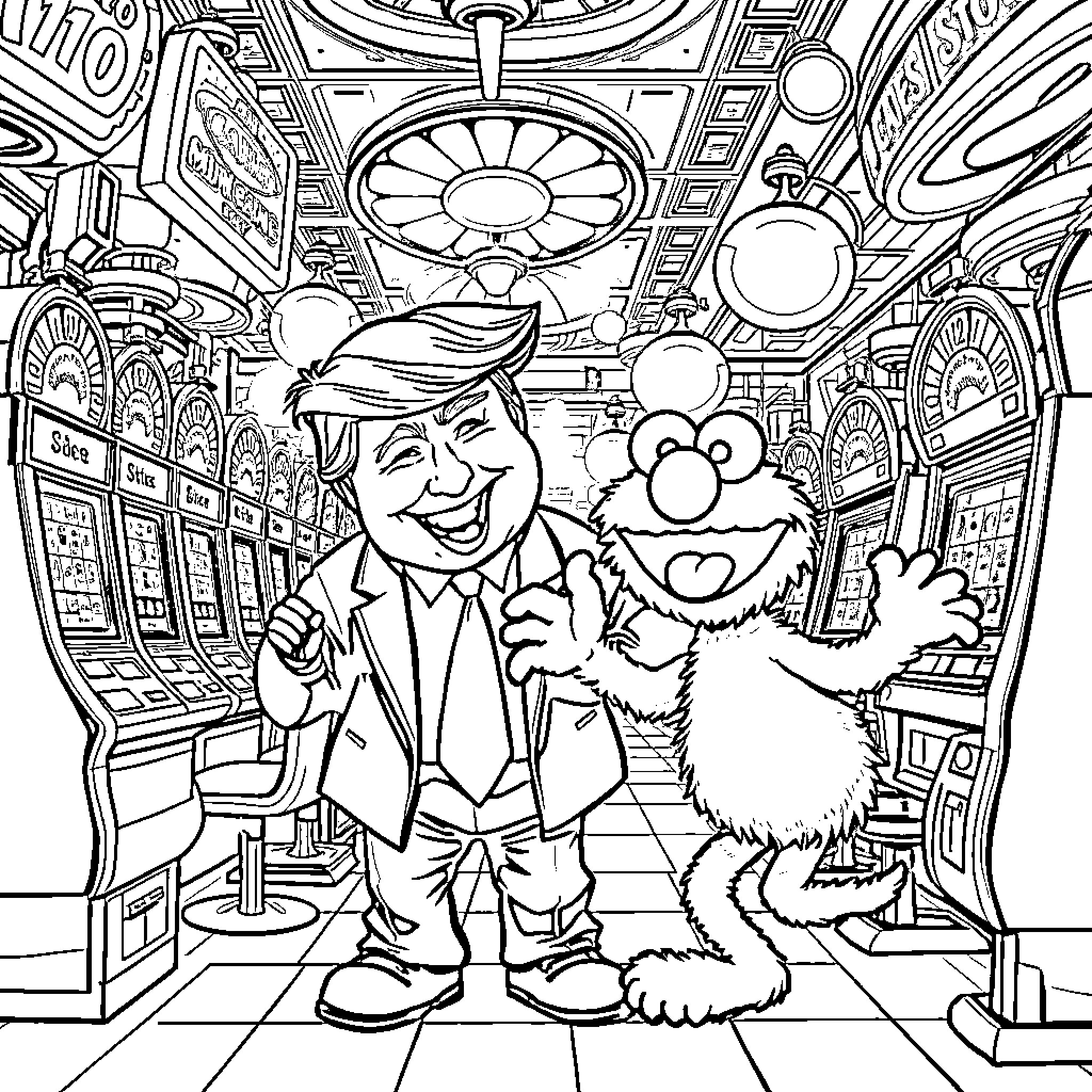 Trump and Elmo at the Arcade Coloring Page (free black-and-white line drawing printable PDF for all, from beginners to advanced learners, including children, teens, adults, and seniors)
