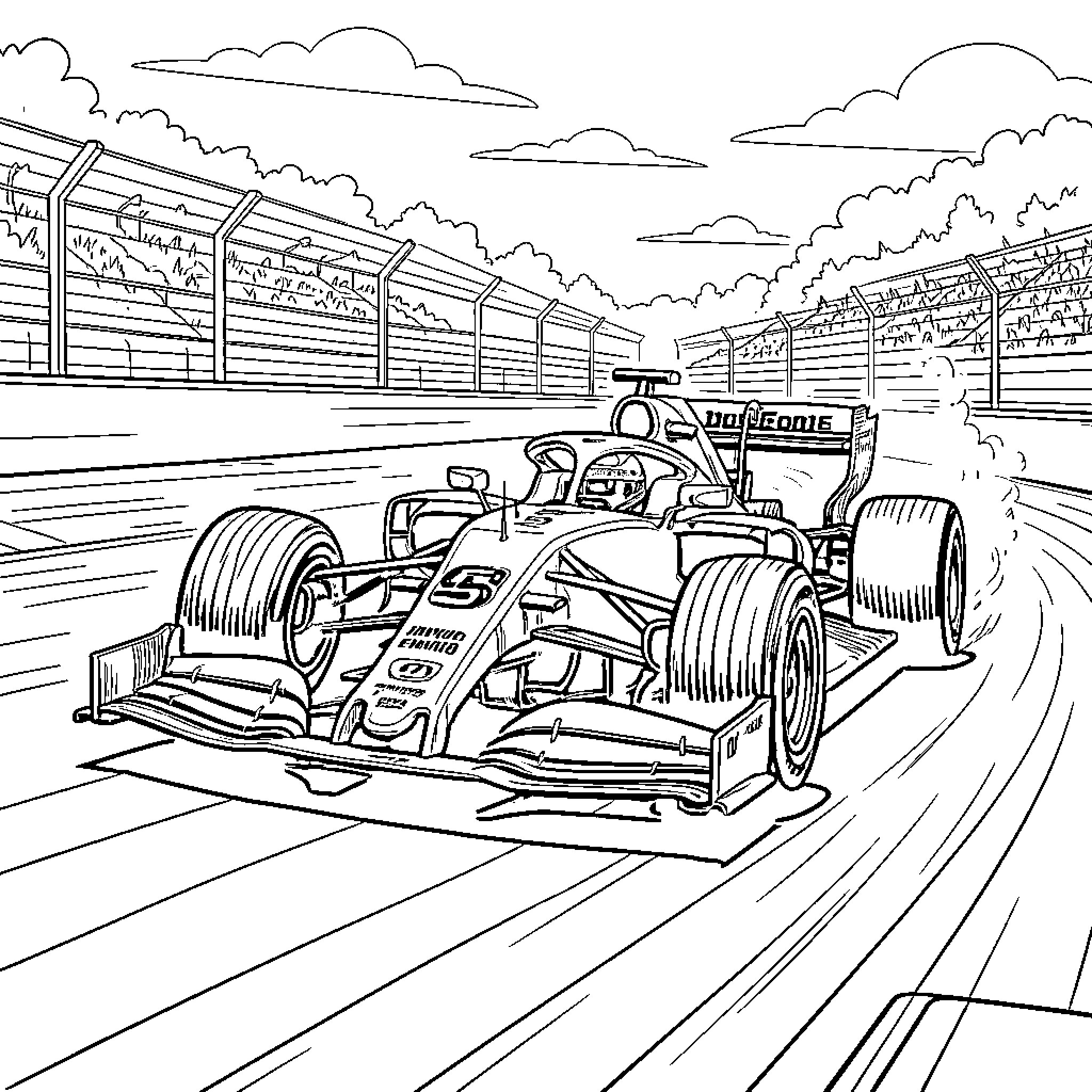 Formula 1 Race Car Speeding on the Track Coloring Page (free black-and-white line drawing printable PDF for all, from beginners to advanced learners, including children, teens, adults, and seniors)