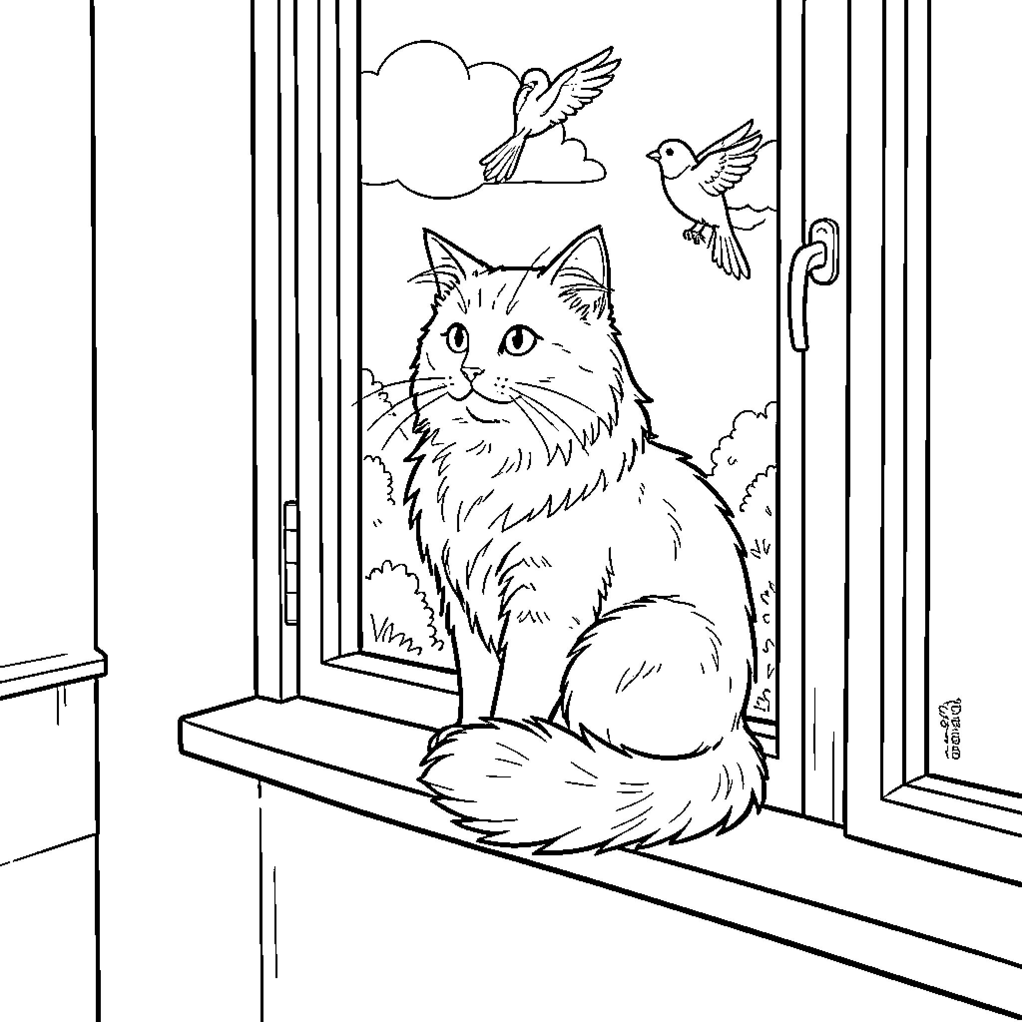 Cat watching birds through window Coloring Page (free black-and-white line drawing printable PDF for all, from beginners to advanced learners, including children, teens, adults, and seniors)
