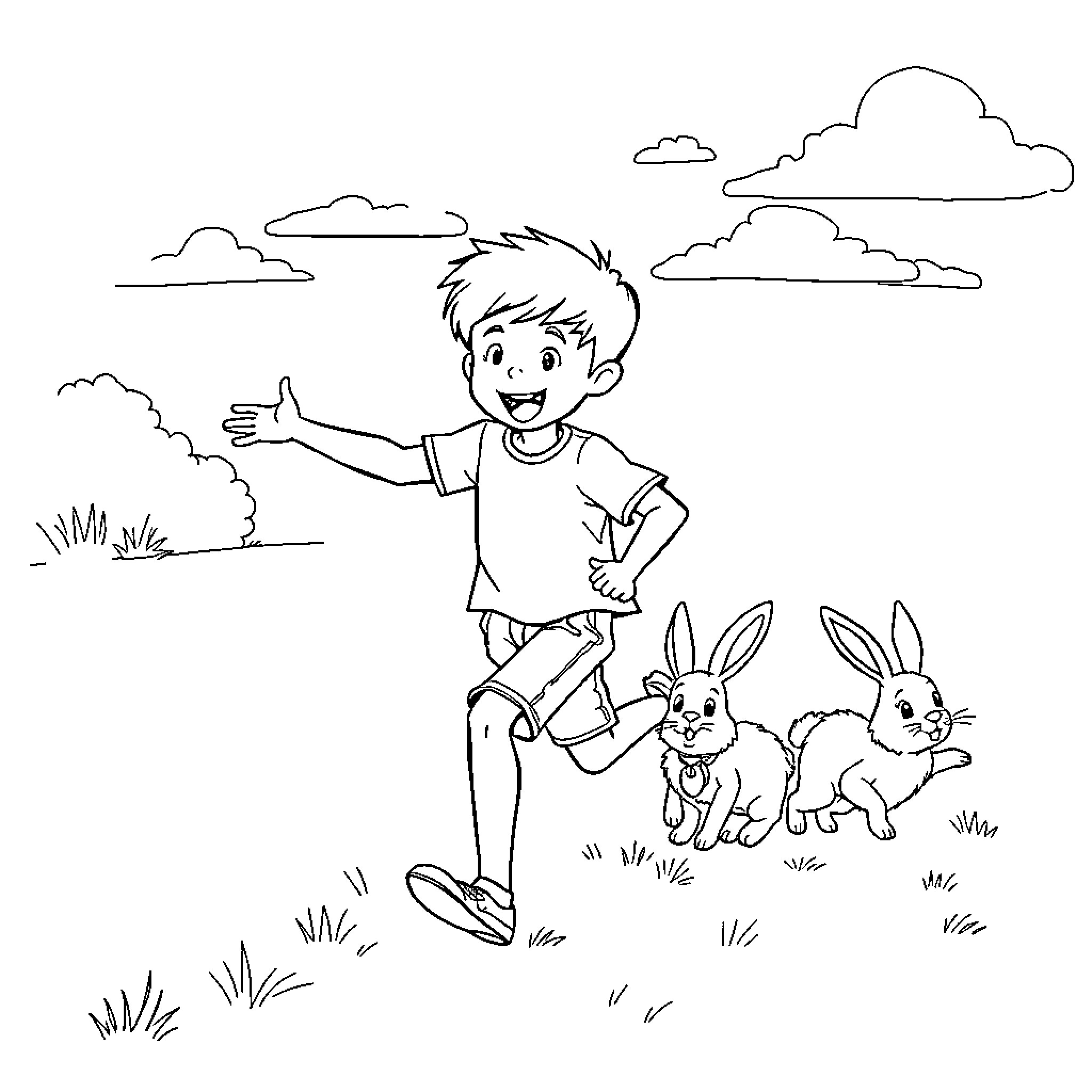Bunny Fun with Boy in the Meadow Coloring Page (free black-and-white line drawing printable PDF for all, from beginners to advanced learners, including children, teens, adults, and seniors)