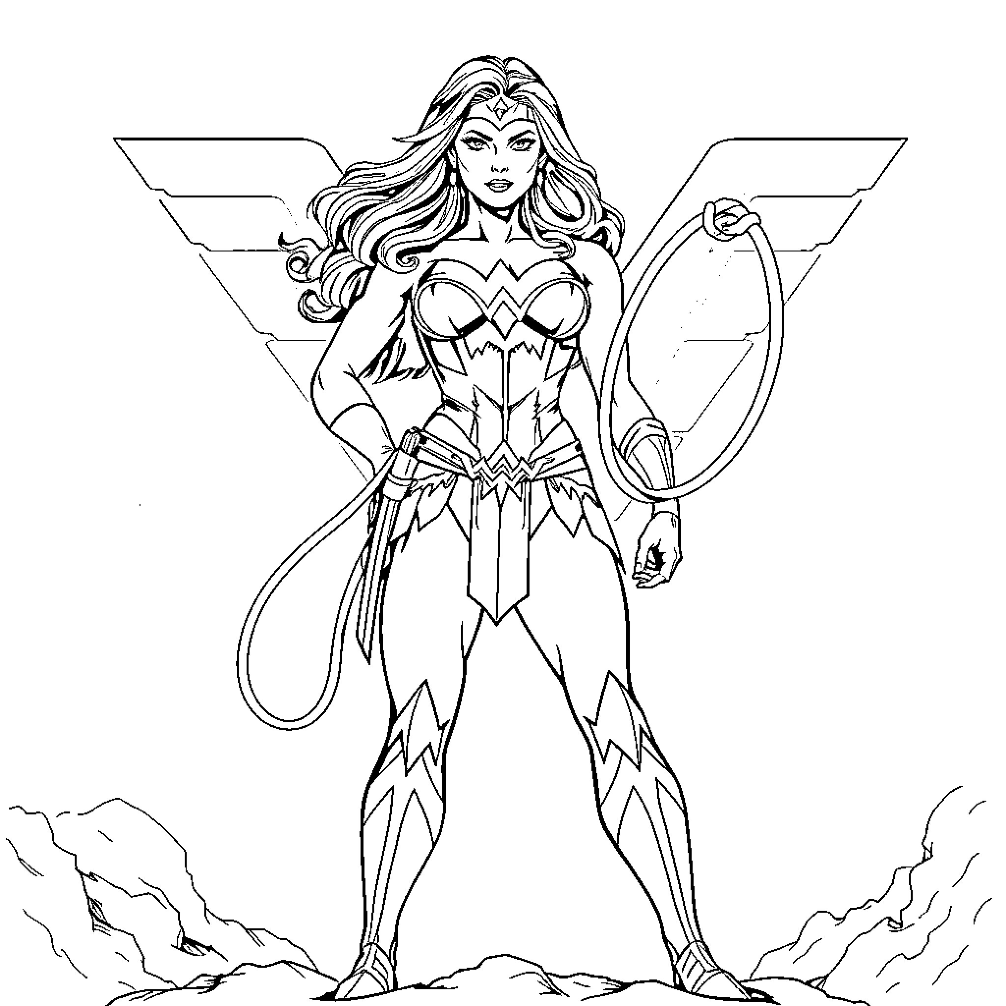 Wonder Woman in heroic pose with iconic outfit Coloring Page (free black-and-white line drawing printable PDF for all, from beginners to advanced learners, including children, teens, adults, and seniors)