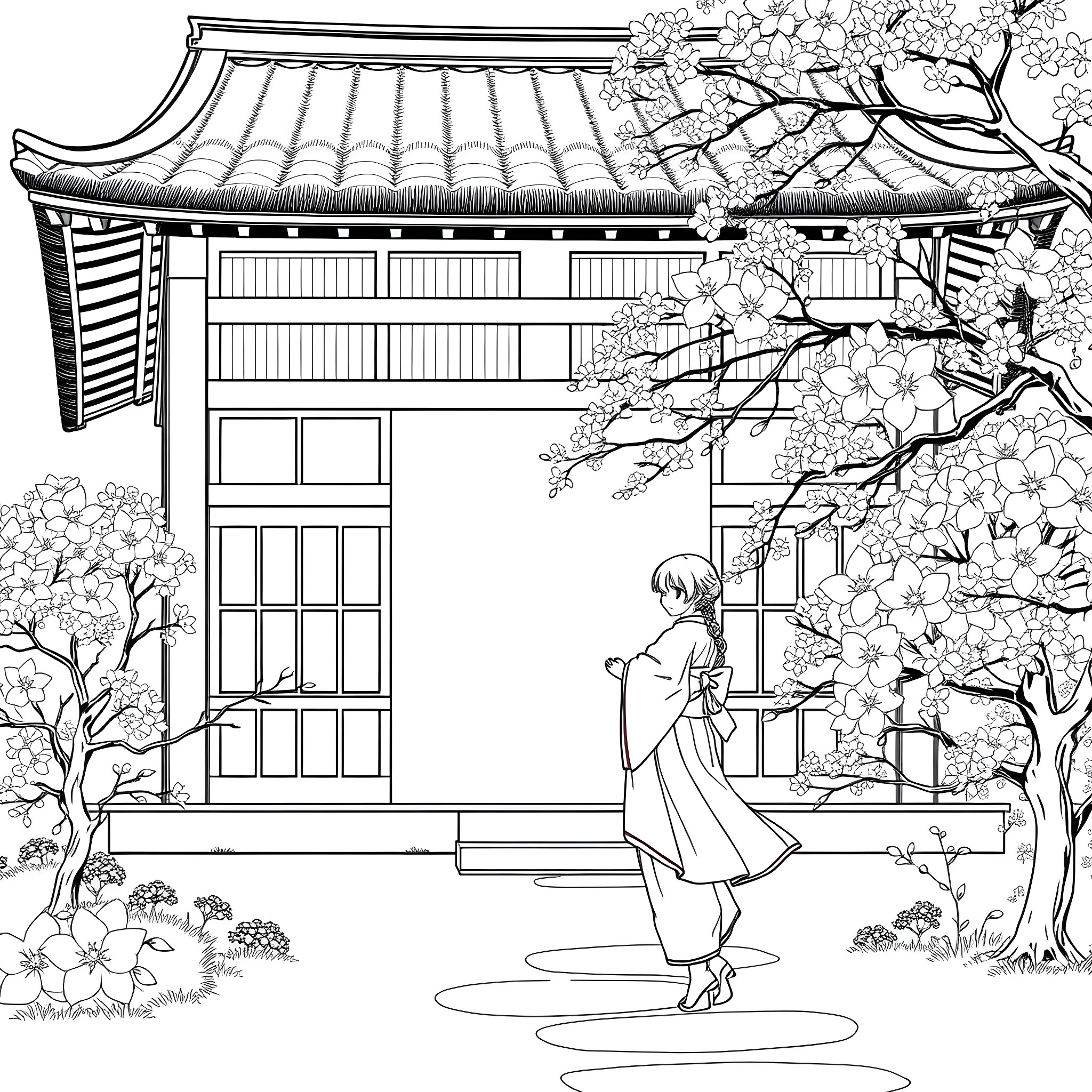 Teenager walking through a traditional Japanese garden Coloring Page (free black-and-white line drawing printable PDF for all, from beginners to advanced learners, including children, teens, adults, and seniors)