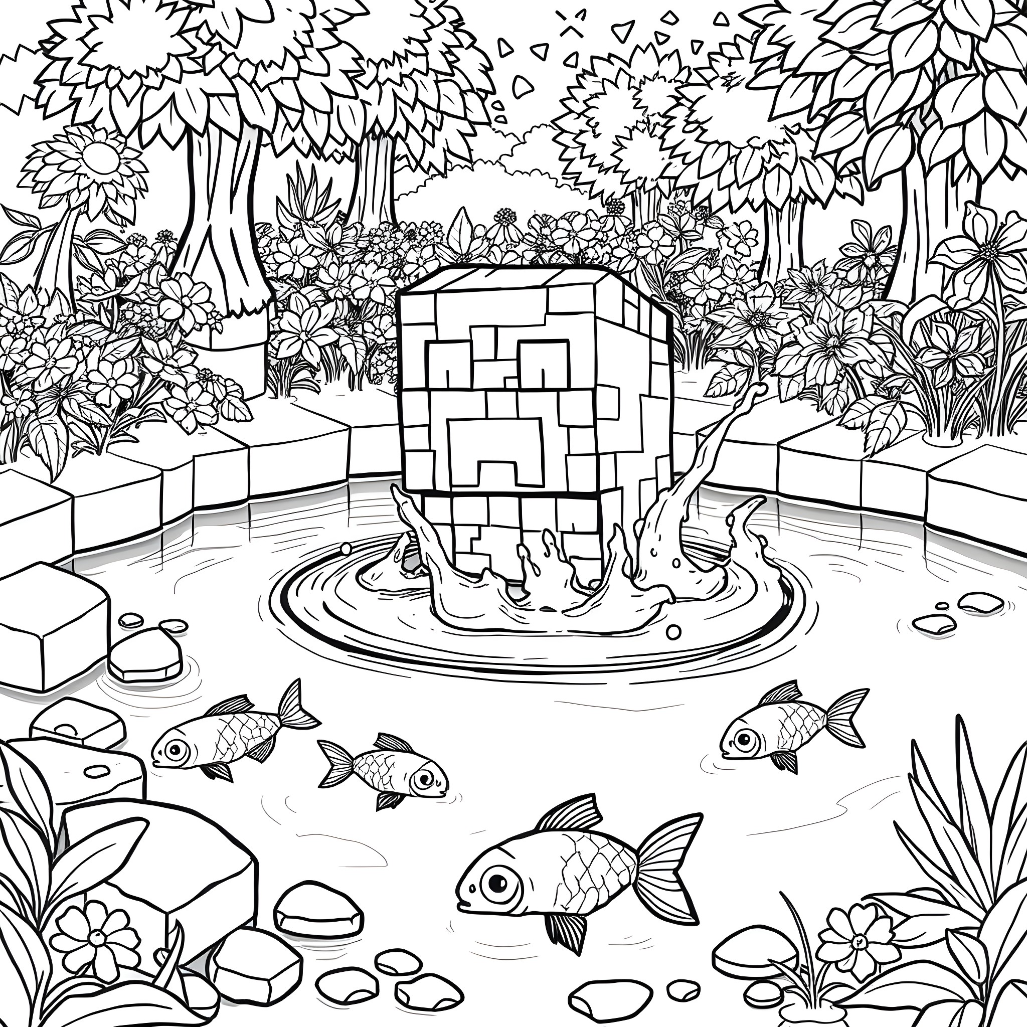 Creeper exploring a lush, floral garden oasis Coloring Page (free black-and-white line drawing printable PDF for all, from beginners to advanced learners, including children, teens, adults, and seniors)