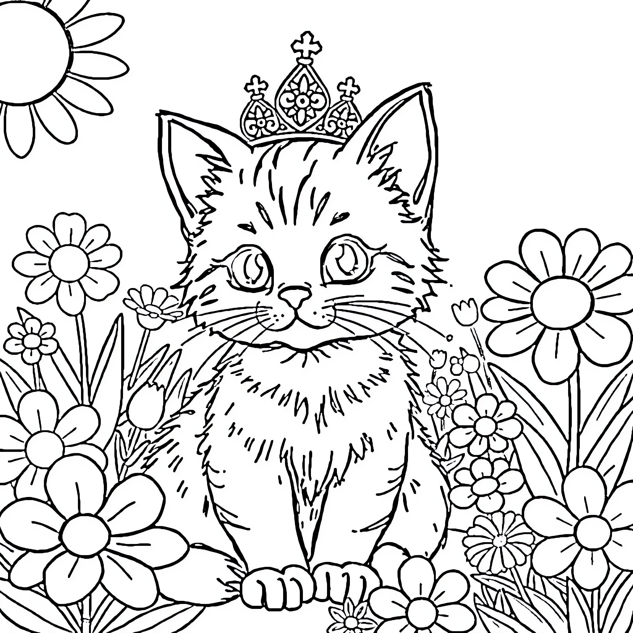 Cat with crown in floral garden Coloring Page (free black-and-white line drawing printable PDF for all, from beginners to advanced learners, including children, teens, adults, and seniors)