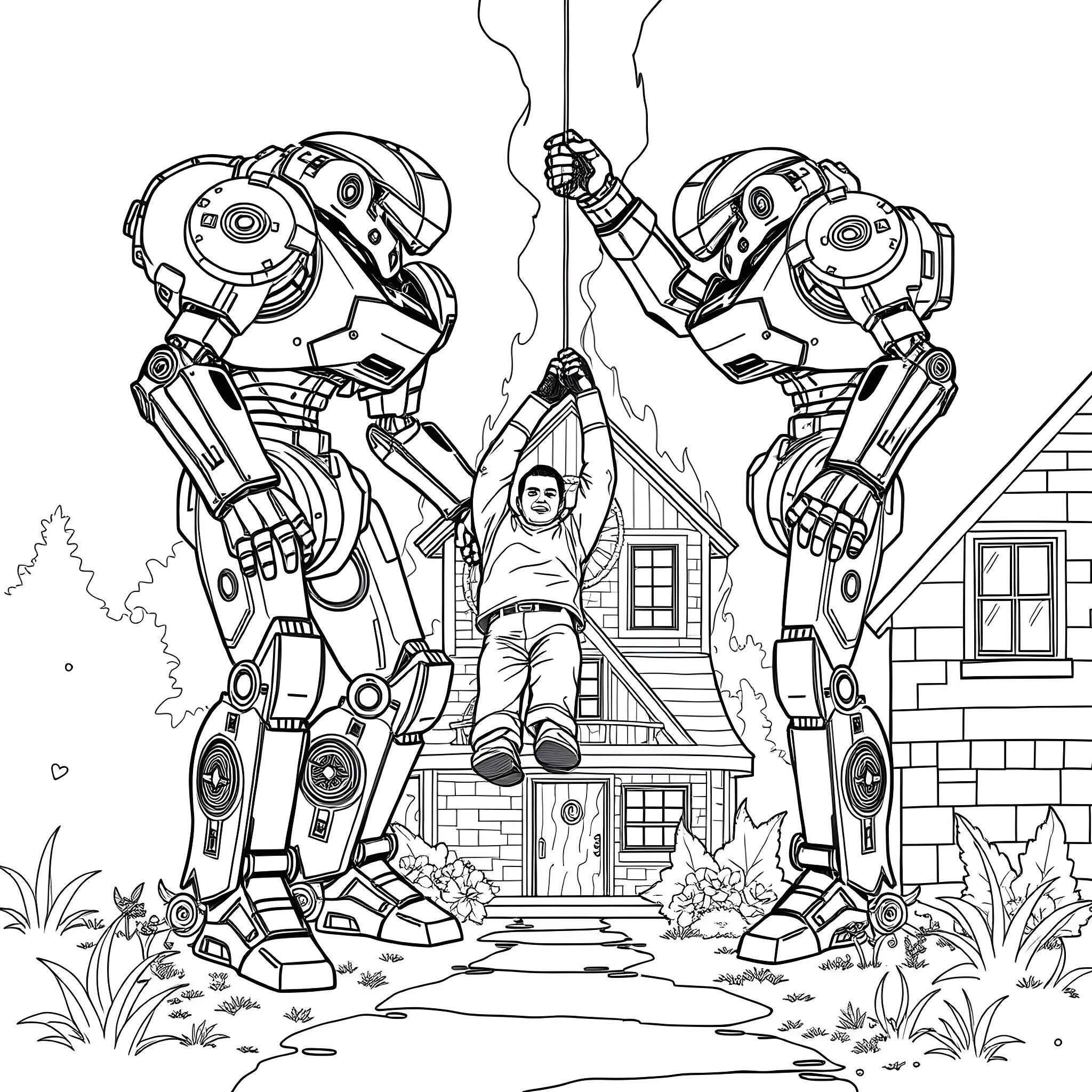 Robot Destroys Peaceful Rural House Coloring Page (free black-and-white line drawing printable PDF for all, from beginners to advanced learners, including children, teens, adults, and seniors)