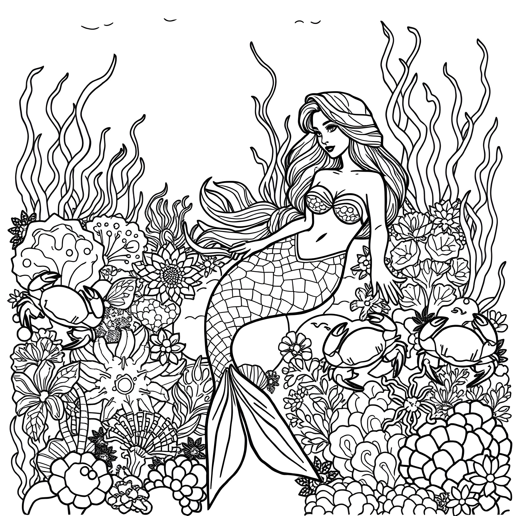 Mermaid in a Magical Underwater Garden Coloring Page (free black-and-white line drawing printable PDF for all, from beginners to advanced learners, including children, teens, adults, and seniors)