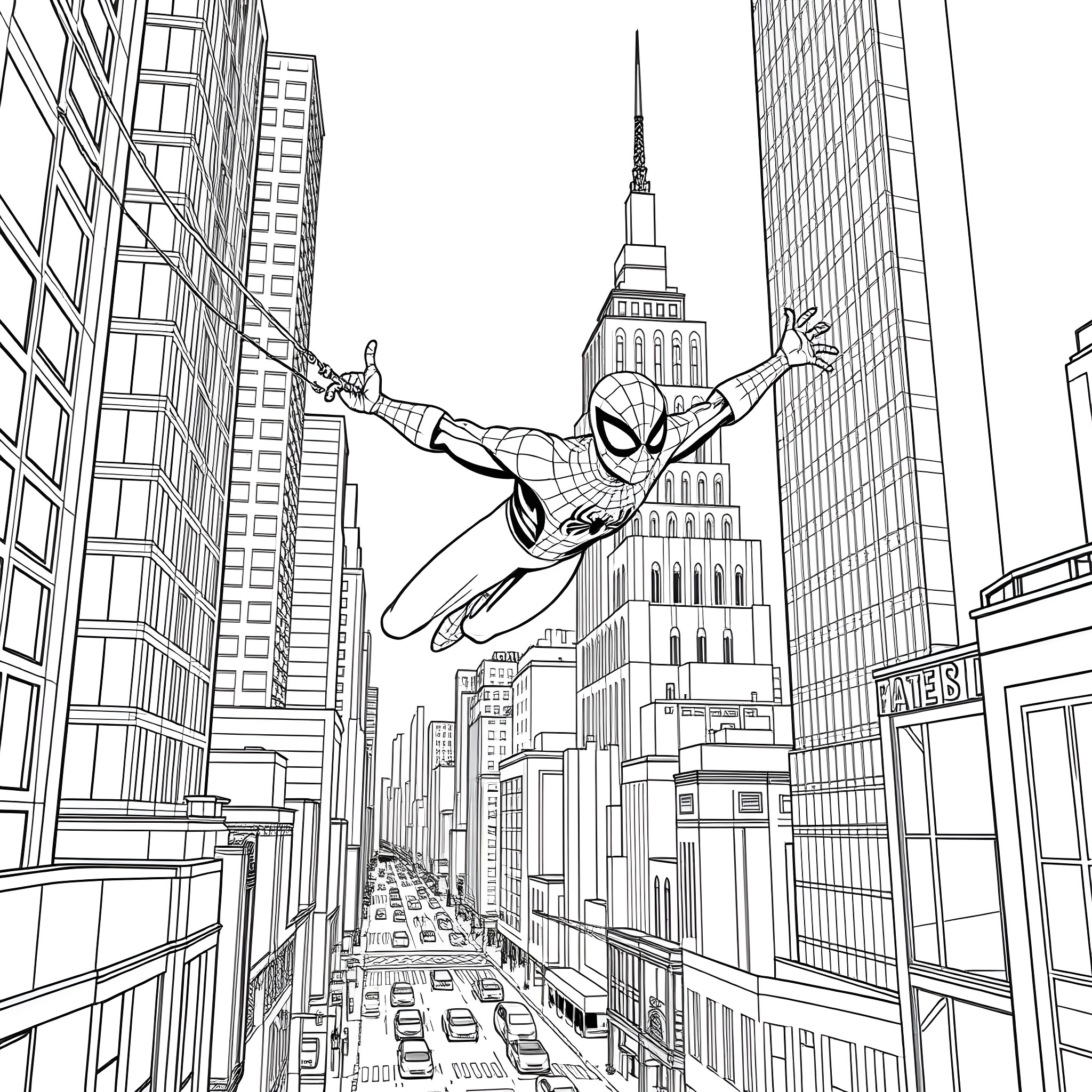 Spiderman swinging through the cityscape Coloring Page (free black-and-white line drawing printable PDF for all, from beginners to advanced learners, including children, teens, adults, and seniors)