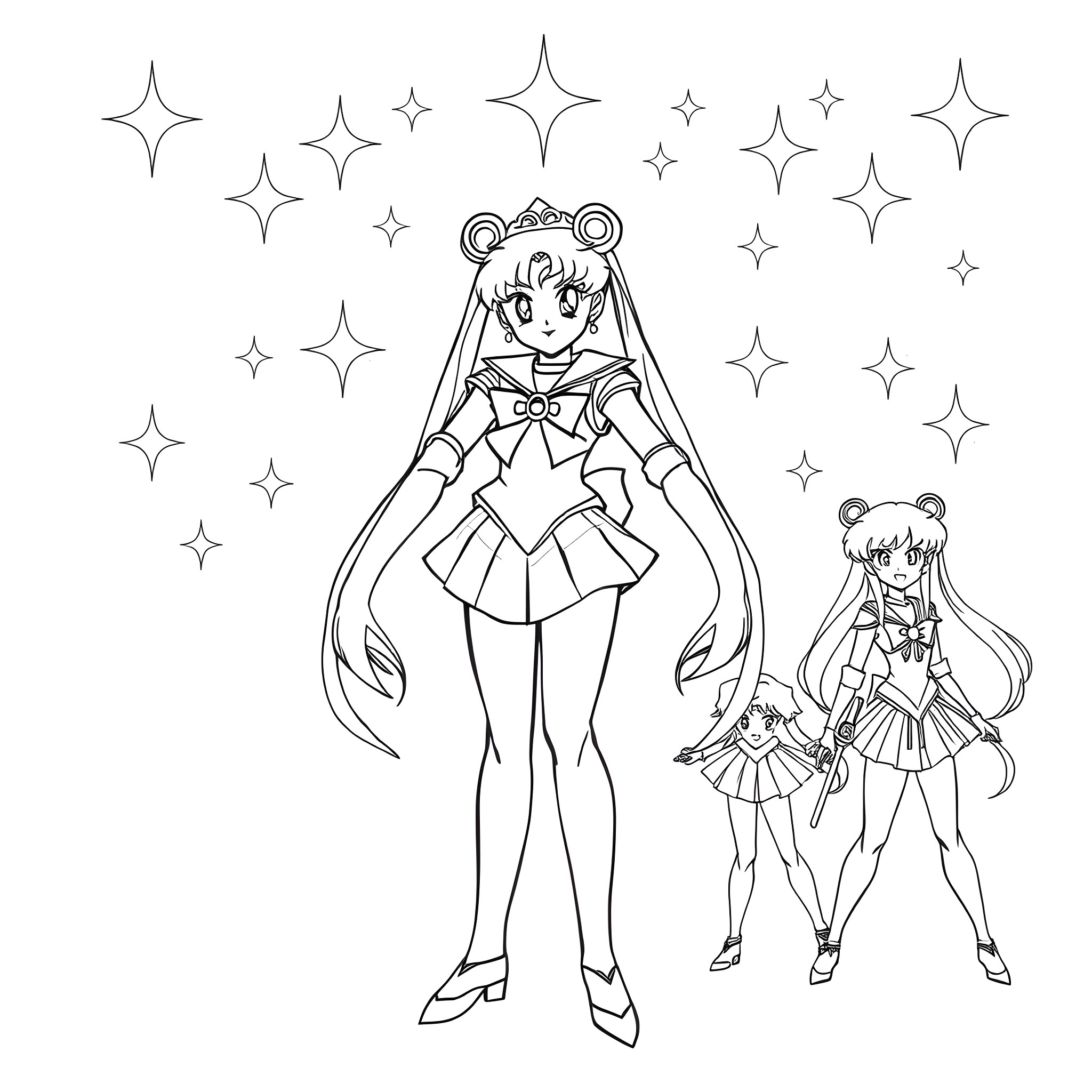 Sailormoon and her companions in magical girl outfits Coloring Page (free black-and-white line drawing printable PDF for all, from beginners to advanced learners, including children, teens, adults, and seniors)