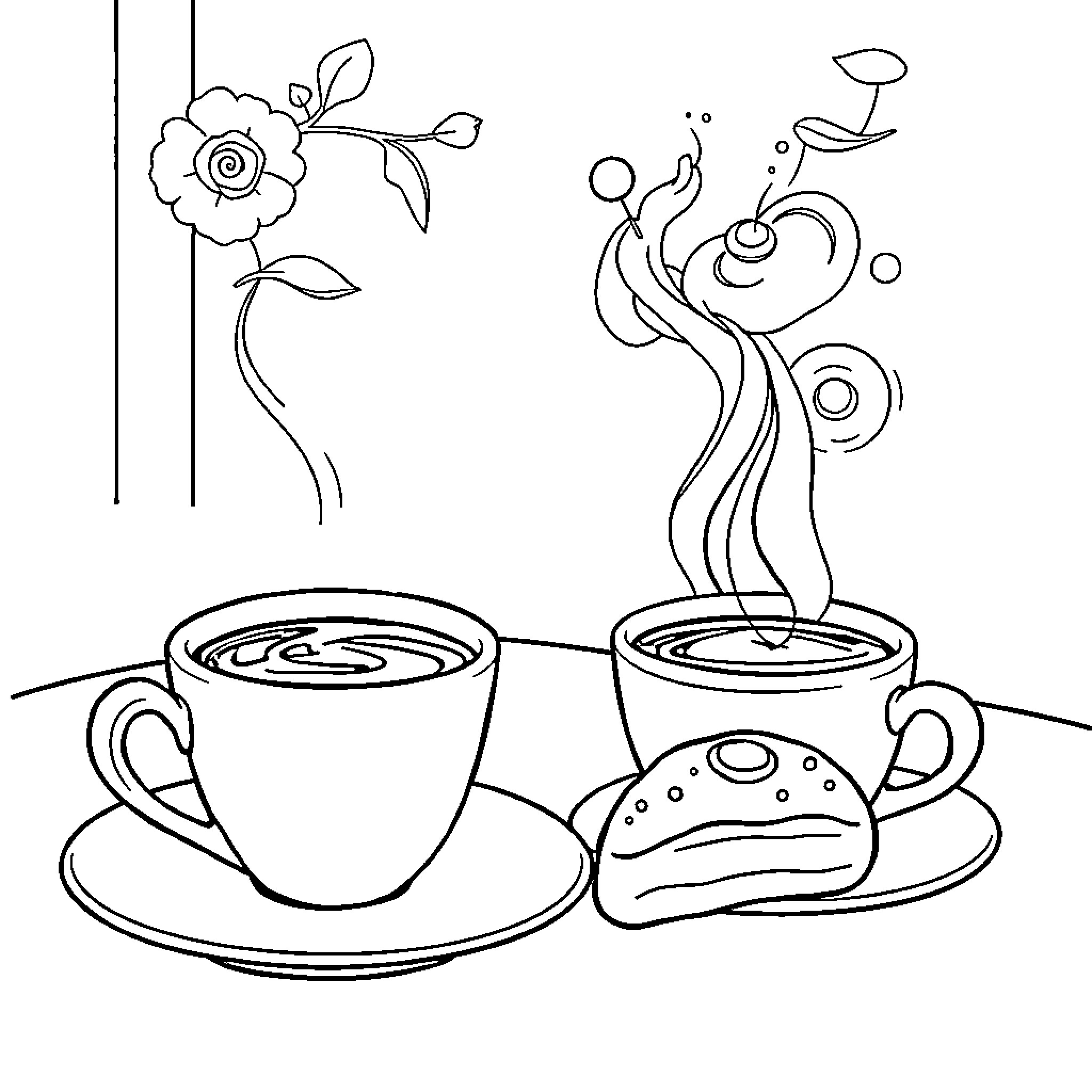 Coffee with Floral Delight and Whimsical Swirls Coloring Page (free black-and-white line drawing printable PDF for all, from beginners to advanced learners, including children, teens, adults, and seniors)