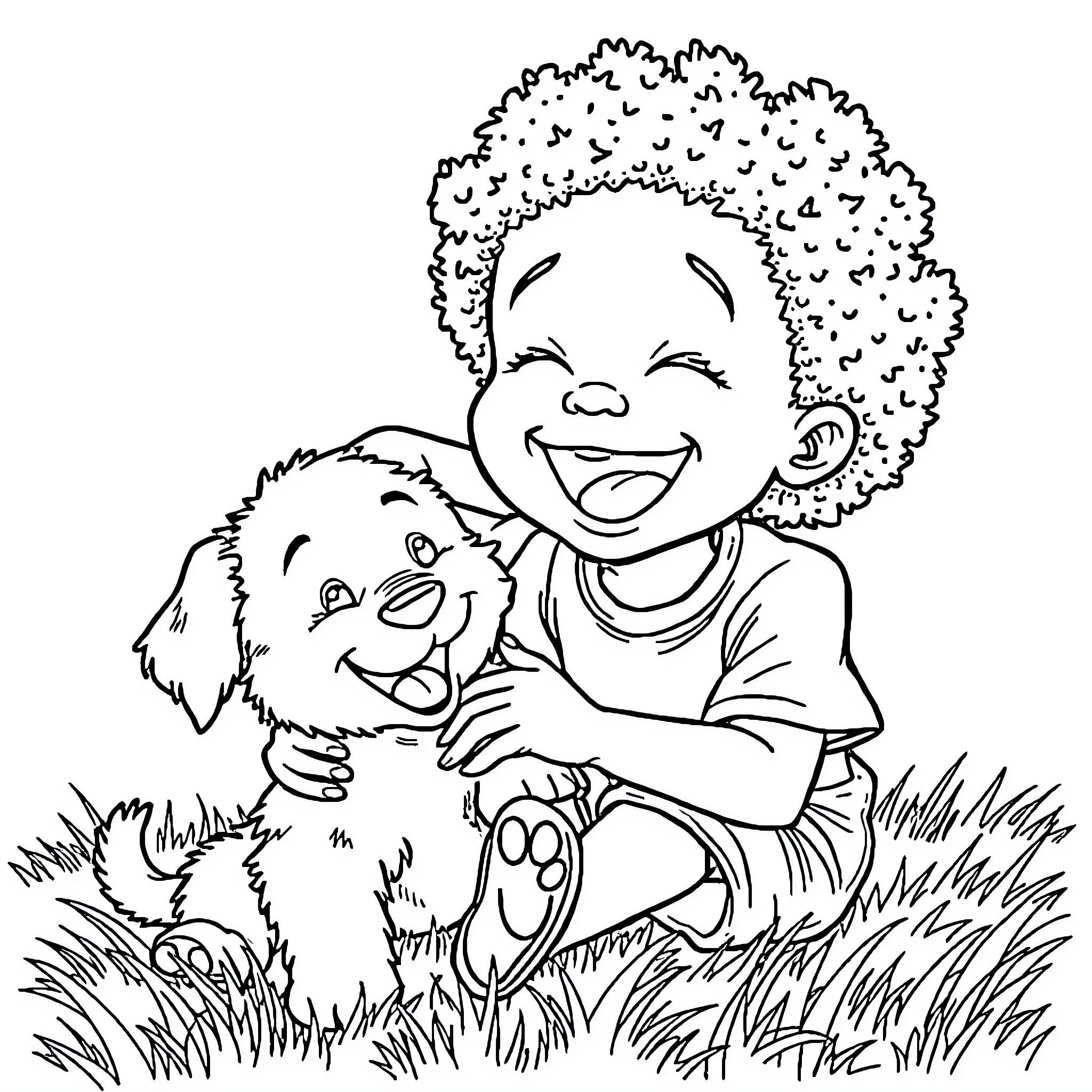 Kid playing happily with puppy in the park Coloring Page (free black-and-white line drawing printable PDF for all, from beginners to advanced learners, including children, teens, adults, and seniors)