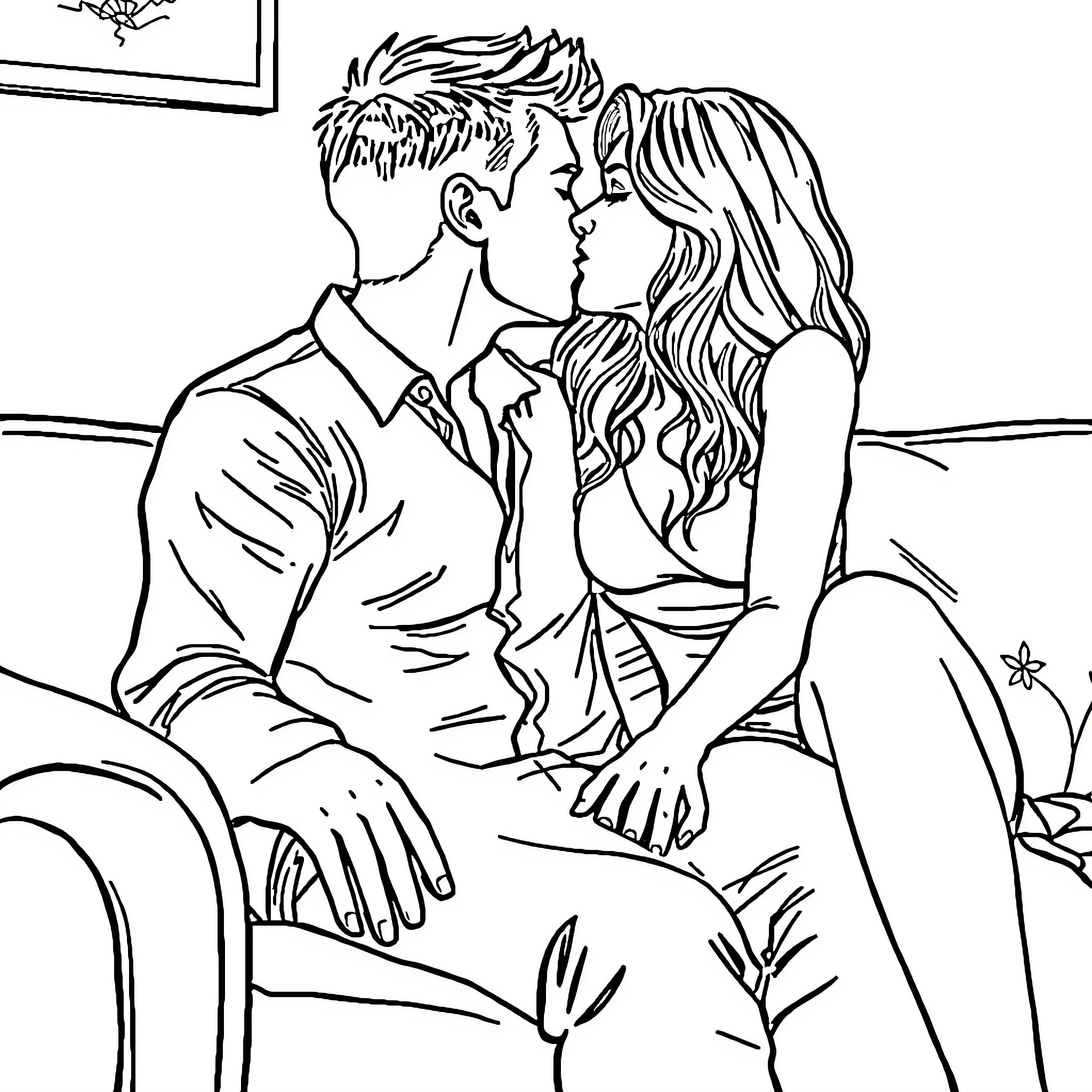 Man and woman embrace intimately in private setting Coloring Page (free black-and-white line drawing printable PDF for all, from beginners to advanced learners, including children, teens, adults, and seniors)