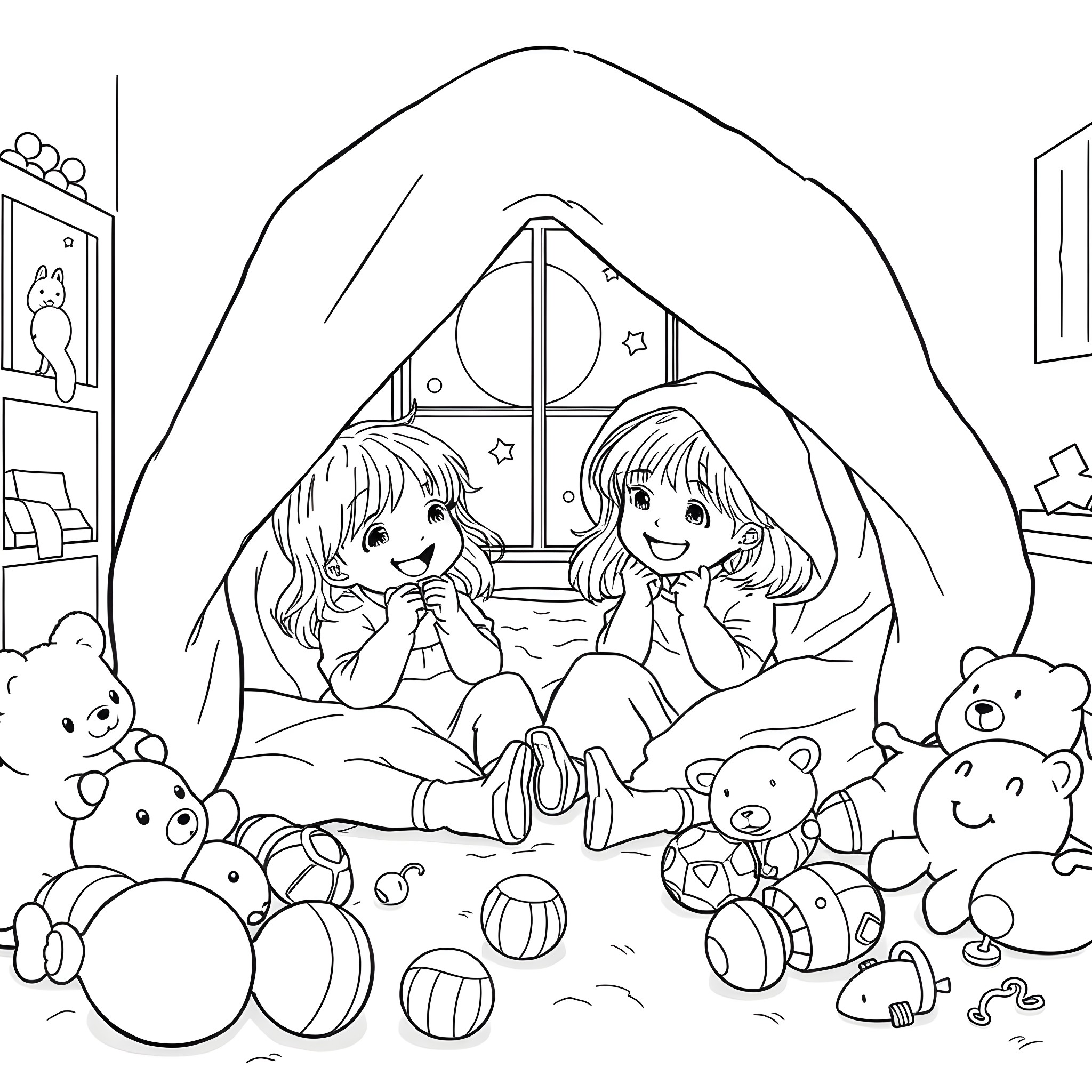 Girls Playing with Toys in Cozy Tent Coloring Page (free black-and-white line drawing printable PDF for all, from beginners to advanced learners, including children, teens, adults, and seniors)