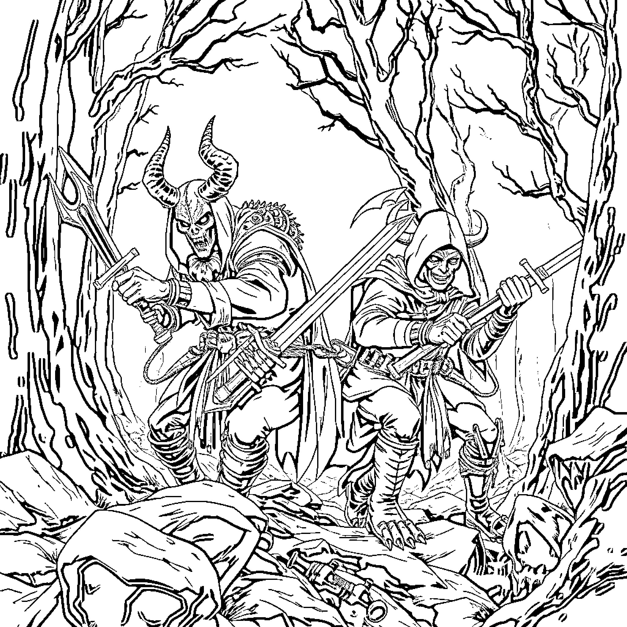 Demon Hunter's Perilous Encounter in the Dark Forest Coloring Page (free black-and-white line drawing printable PDF for all, from beginners to advanced learners, including children, teens, adults, and seniors)