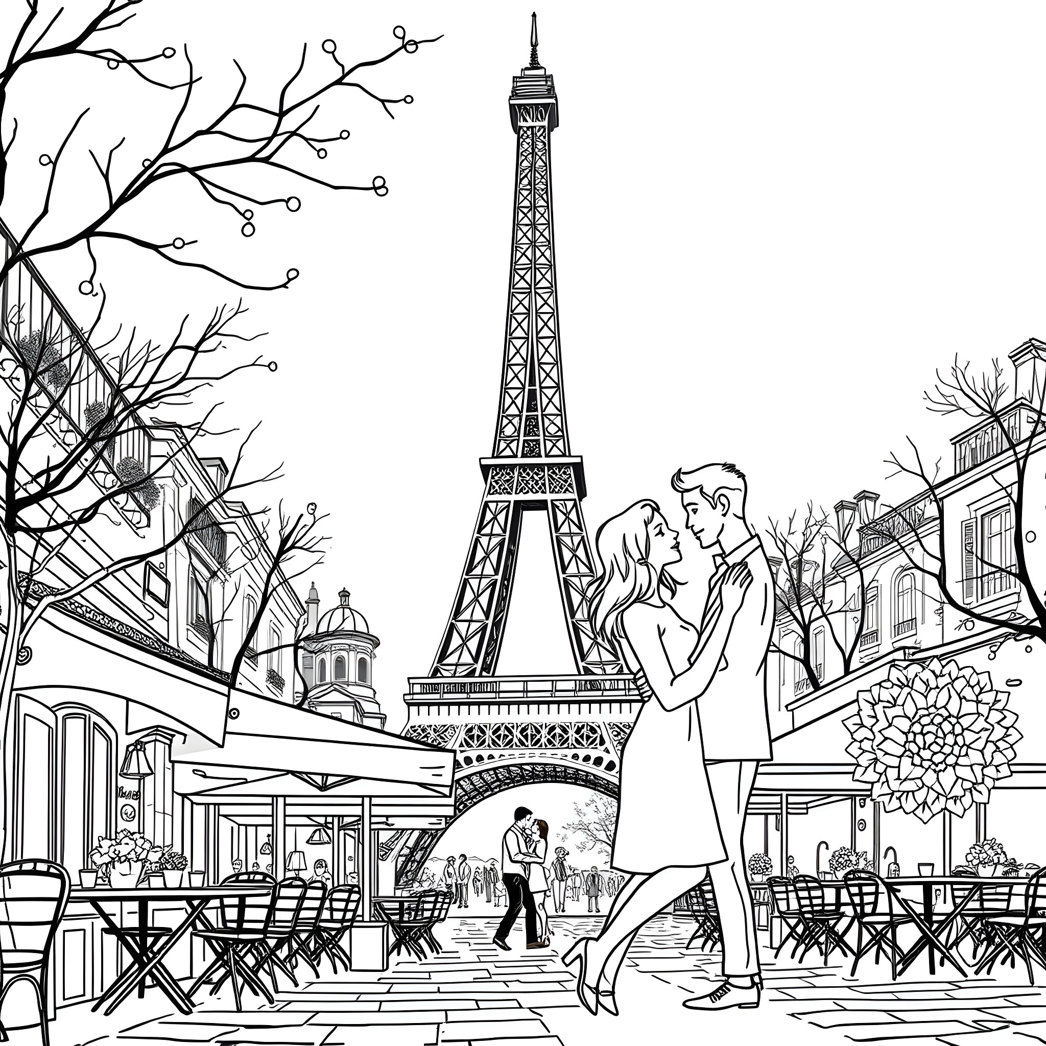 Romance in the City of Love Coloring Page (free black-and-white line drawing printable PDF for all, from beginners to advanced learners, including children, teens, adults, and seniors)