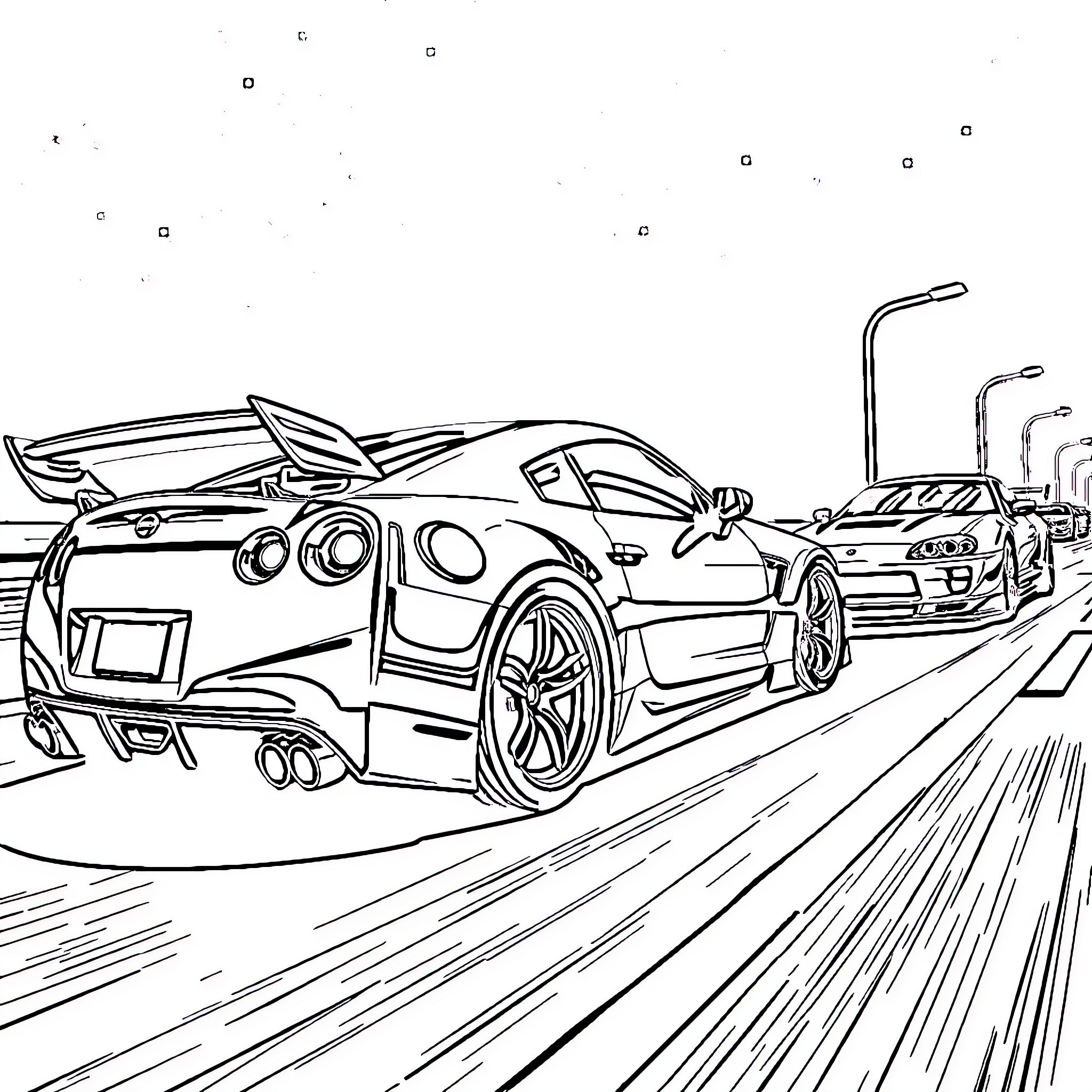 Car racing on the city street Coloring Page (free black-and-white line drawing printable PDF for all, from beginners to advanced learners, including children, teens, adults, and seniors)