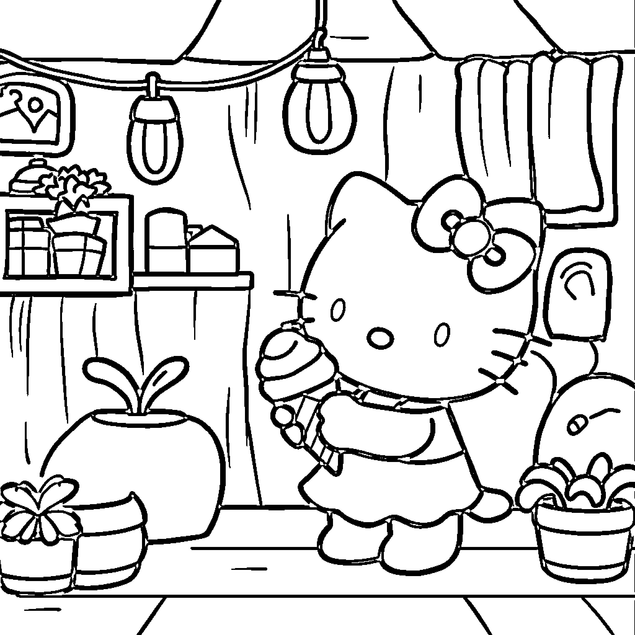 Hello Kitty Decorating for the Holidays Coloring Page (free black-and-white line drawing printable PDF for all, from beginners to advanced learners, including children, teens, adults, and seniors)