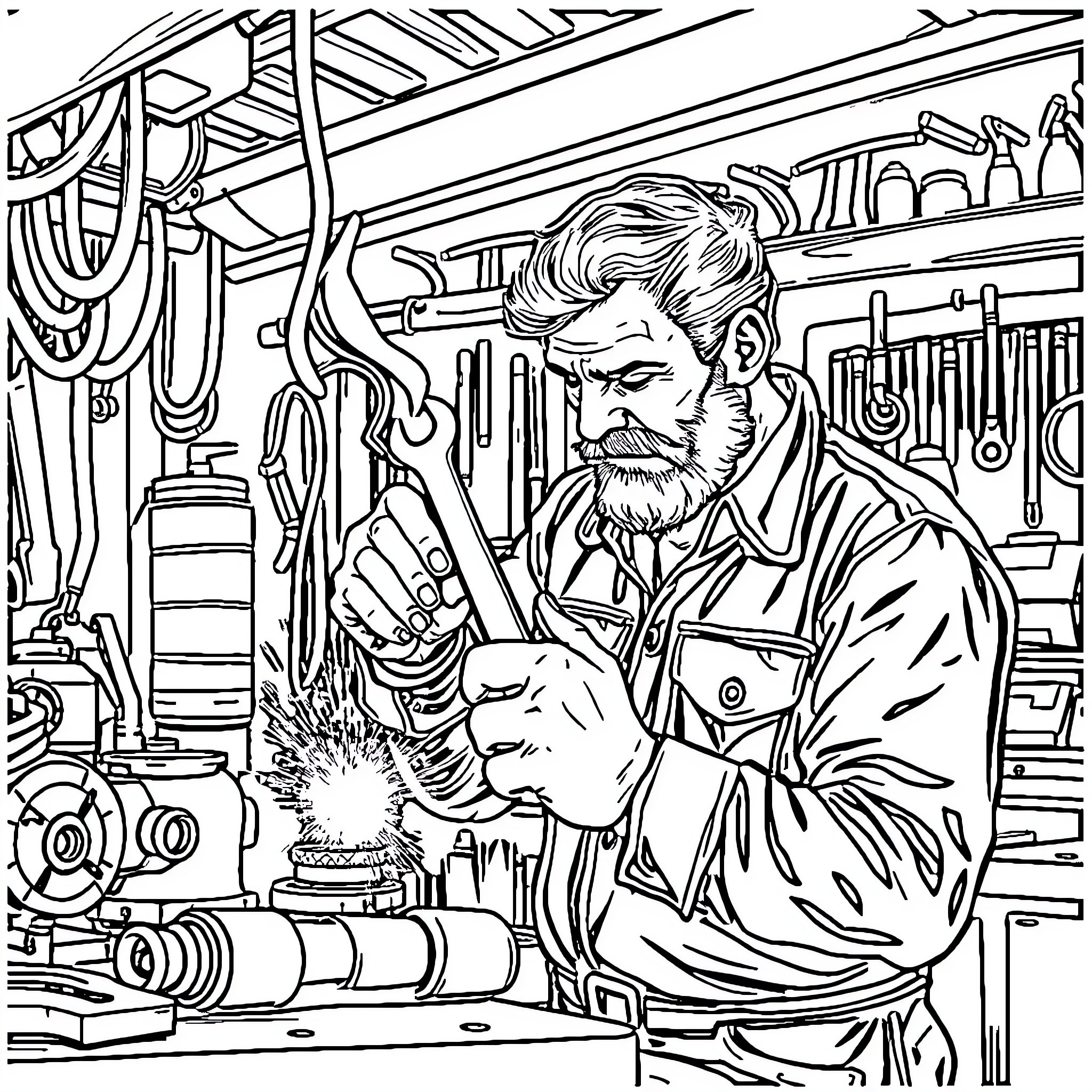 Man working intently in his workshop Coloring Page (free black-and-white line drawing printable PDF for all, from beginners to advanced learners, including children, teens, adults, and seniors)