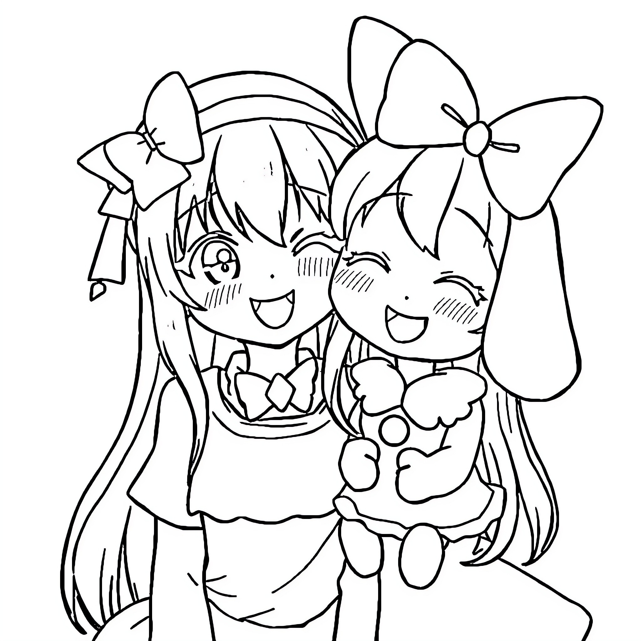 Kuromi and friend in playful poses Coloring Page (free black-and-white line drawing printable PDF for all, from beginners to advanced learners, including children, teens, adults, and seniors)