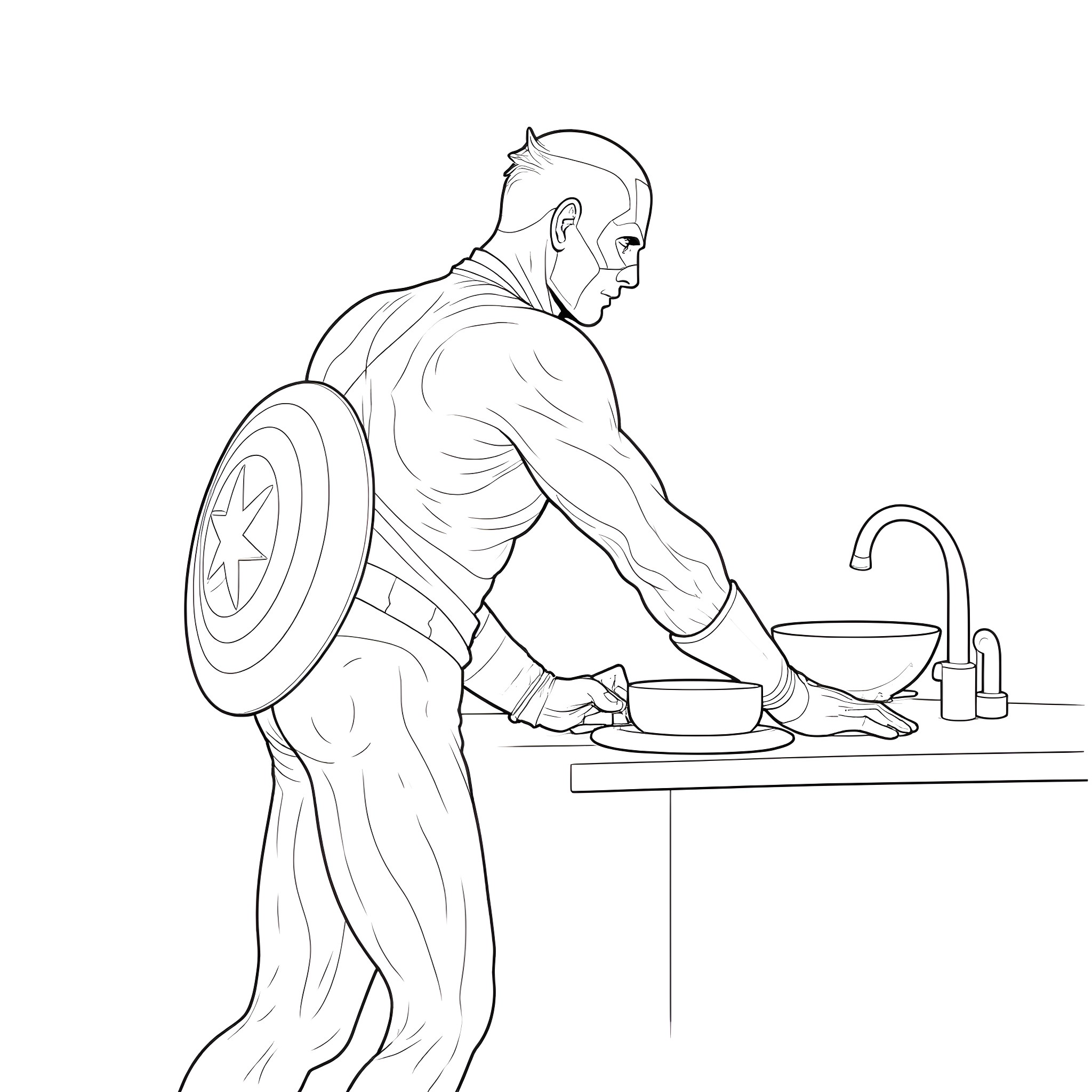 Captain America Preparing a Meal in the Kitchen Coloring Page (free black-and-white line drawing printable PDF for all, from beginners to advanced learners, including children, teens, adults, and seniors)