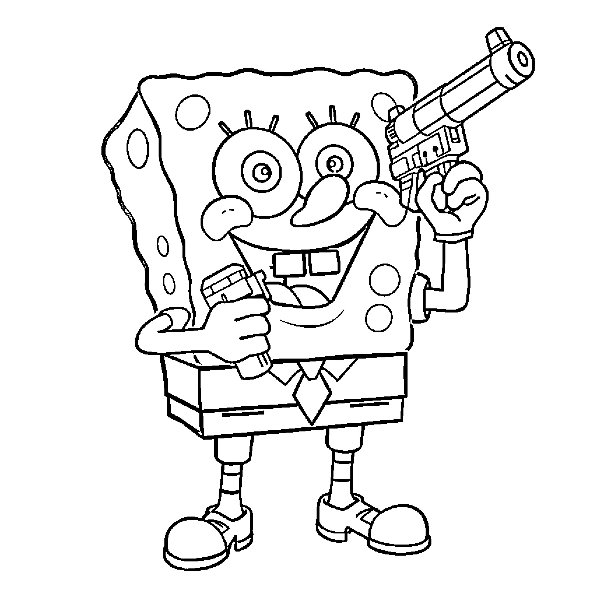 Spongebob with toy gun in funny pose Coloring Page (free black-and-white line drawing printable PDF for all, from beginners to advanced learners, including children, teens, adults, and seniors)