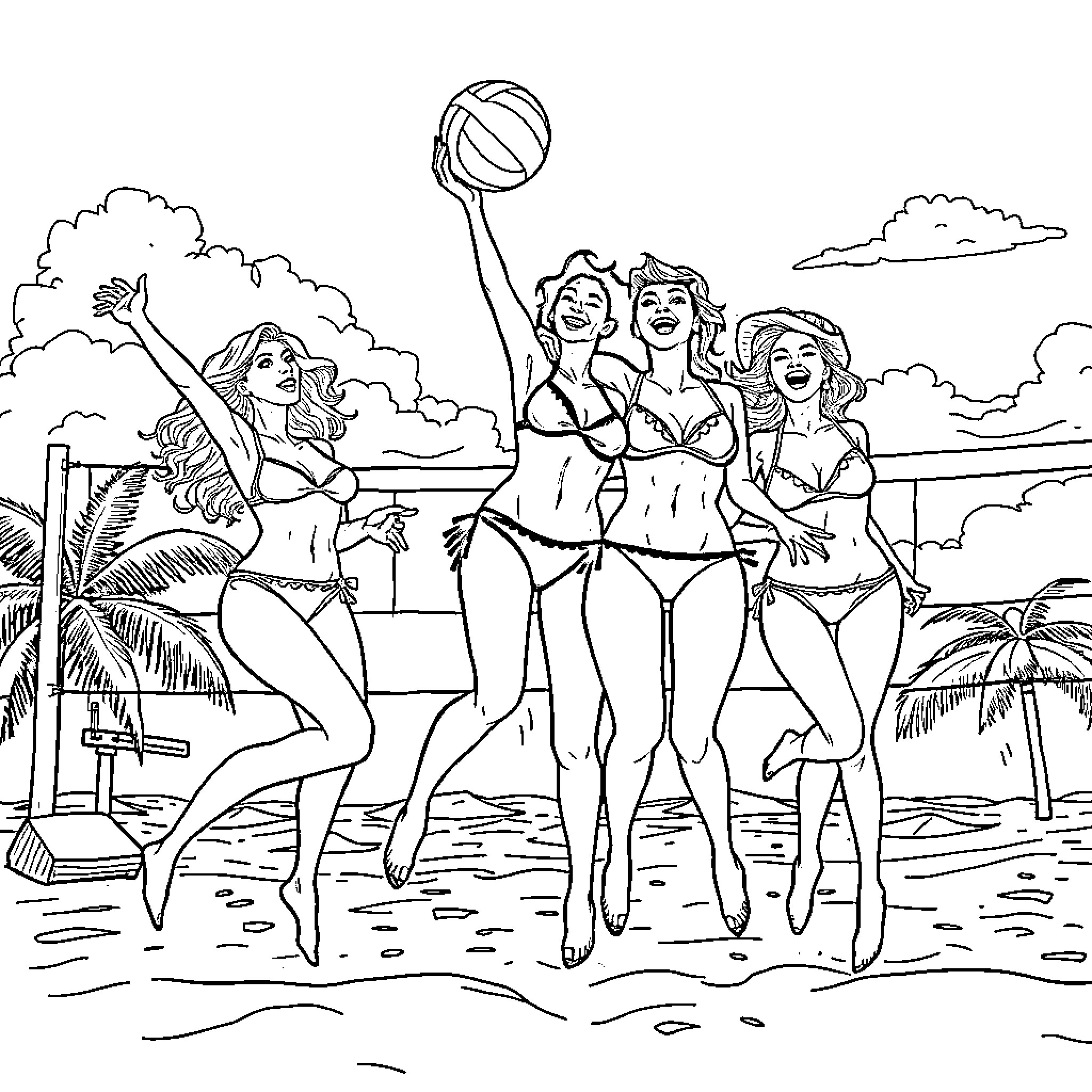 Model women playing volleyball on the beach Coloring Page (free black-and-white line drawing printable PDF for all, from beginners to advanced learners, including children, teens, adults, and seniors)
