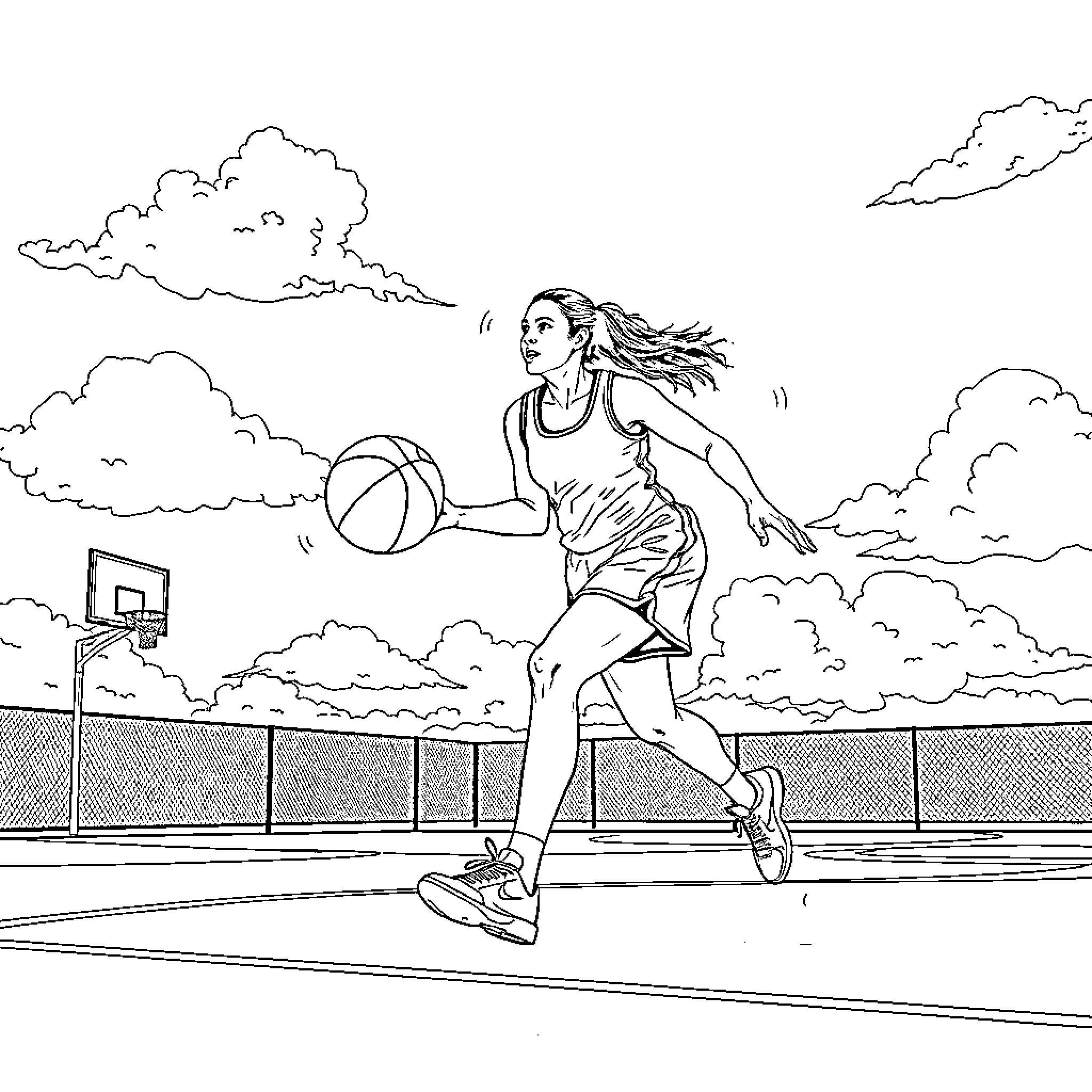 Annie Anderson Playing Basketball Outdoors Coloring Page (free black-and-white line drawing printable PDF for all, from beginners to advanced learners, including children, teens, adults, and seniors)