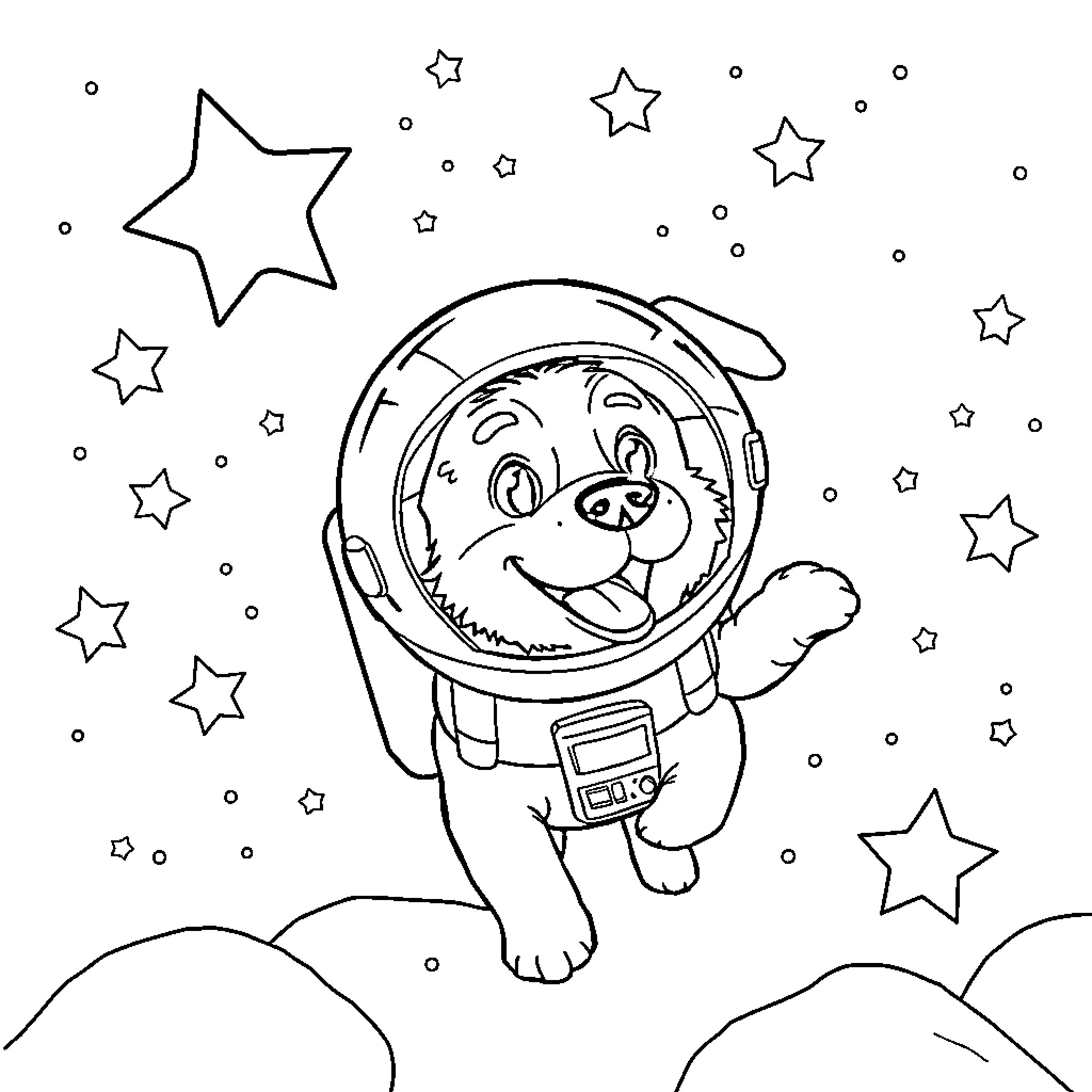 Dog astronaut exploring the starry night sky Coloring Page (free black-and-white line drawing printable PDF for all, from beginners to advanced learners, including children, teens, adults, and seniors)