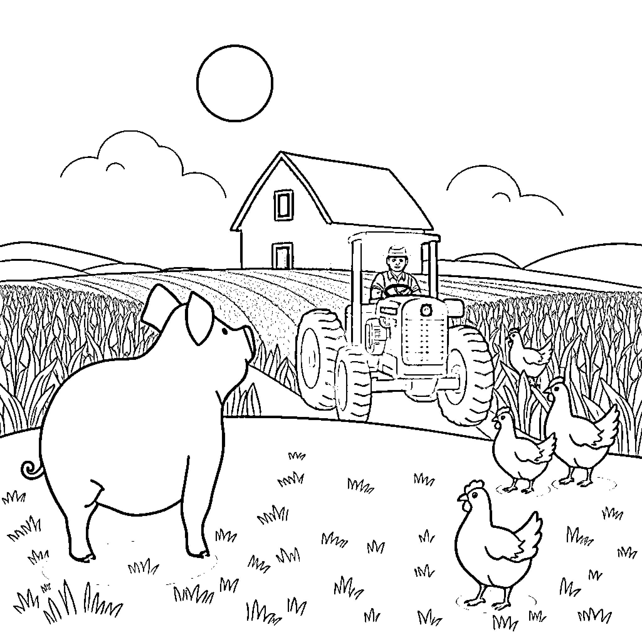 Pig Farming in the Countryside Coloring Page (free black-and-white line drawing printable PDF for all, from beginners to advanced learners, including children, teens, adults, and seniors)