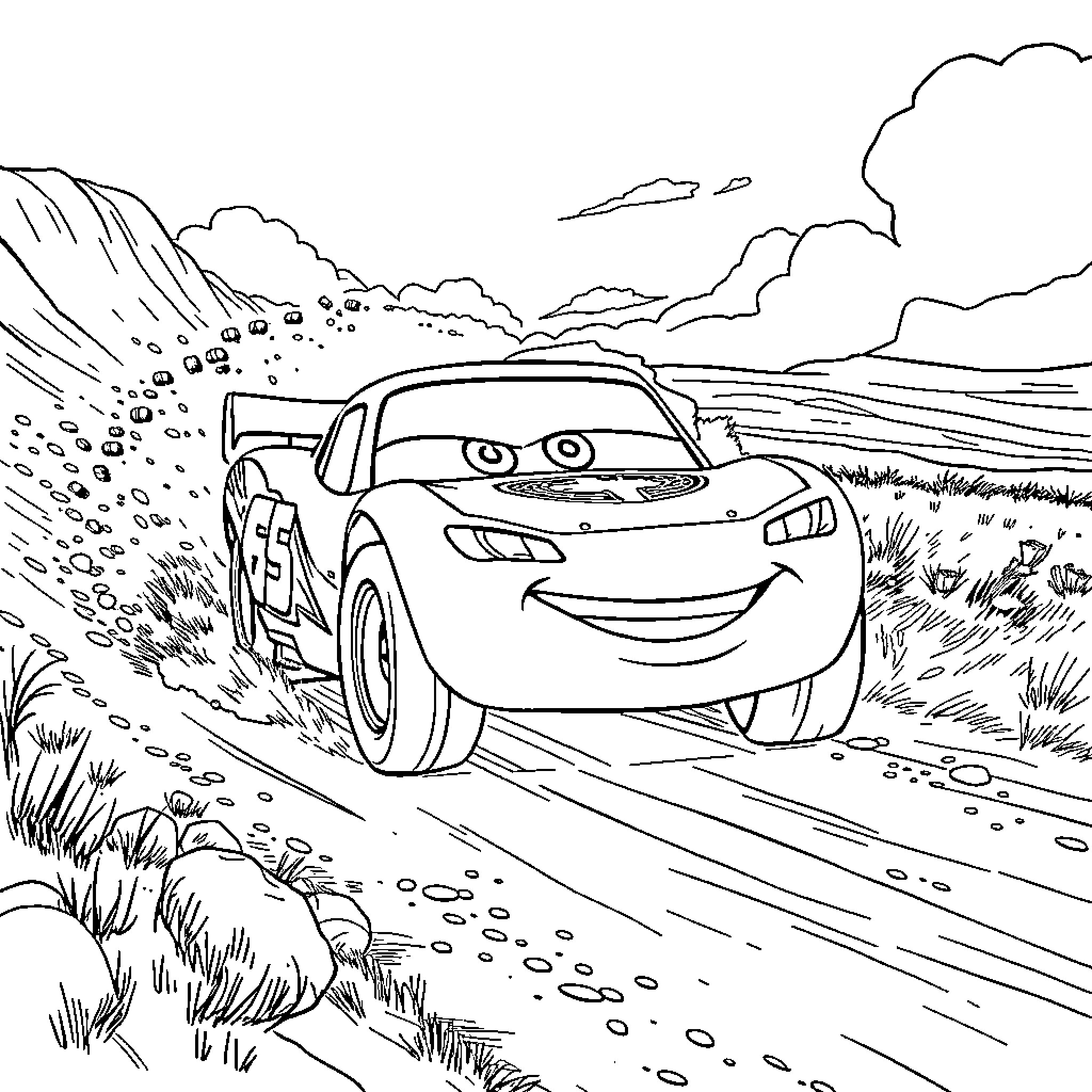 Lightning McQueen on an exciting dirt road adventure Coloring Page (free black-and-white line drawing printable PDF for all, from beginners to advanced learners, including children, teens, adults, and seniors)
