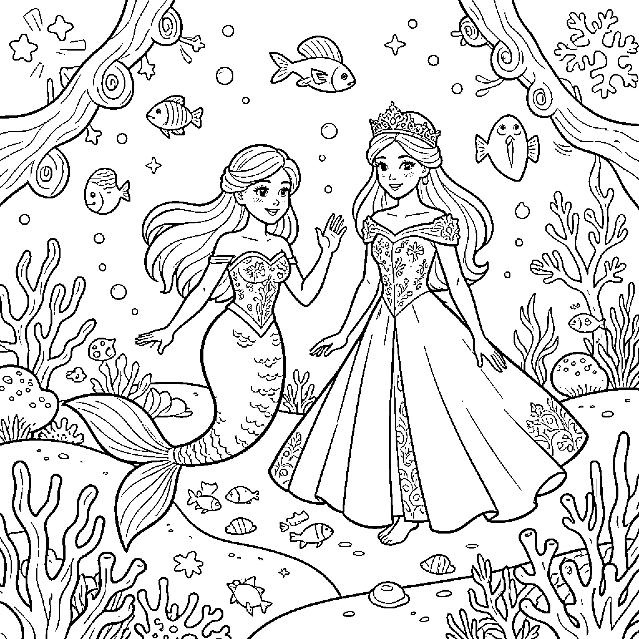 Mermaid and princess interacting in an underwater scene Coloring Page (free black-and-white line drawing printable PDF for all, from beginners to advanced learners, including children, teens, adults, and seniors)