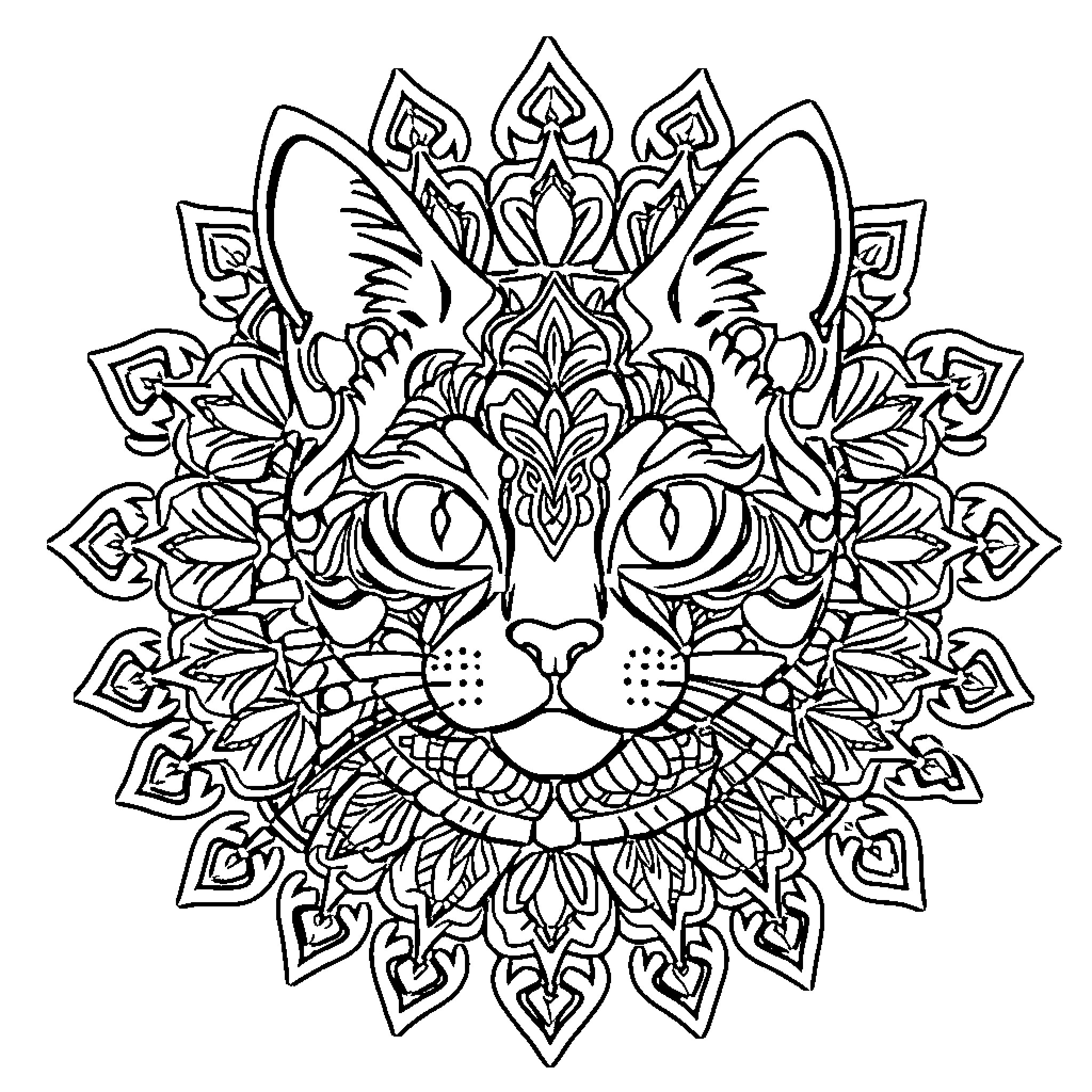 Cat in Ornate Mandala Design Coloring Page (free black-and-white line drawing printable PDF for all, from beginners to advanced learners, including children, teens, adults, and seniors)