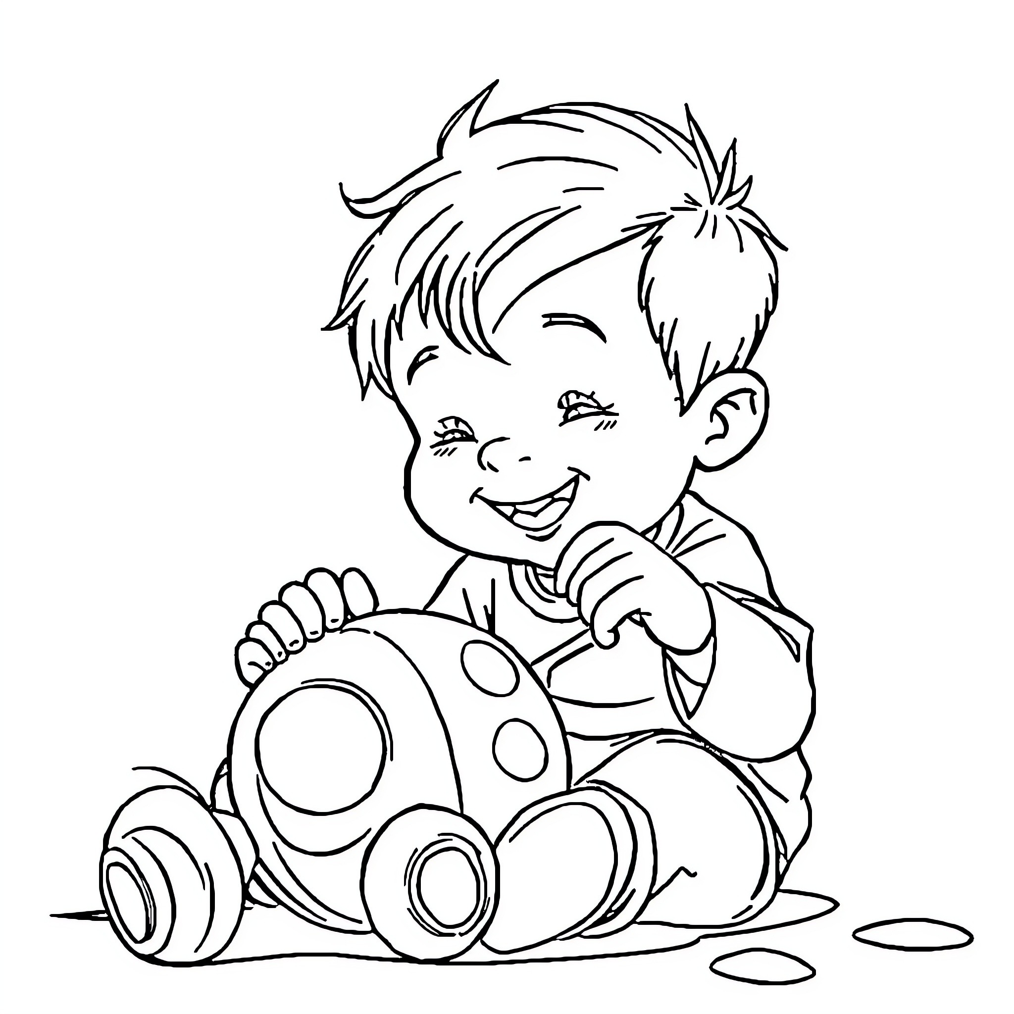 Boy playing with toy car Coloring Page (free black-and-white line drawing printable PDF for all, from beginners to advanced learners, including children, teens, adults, and seniors)