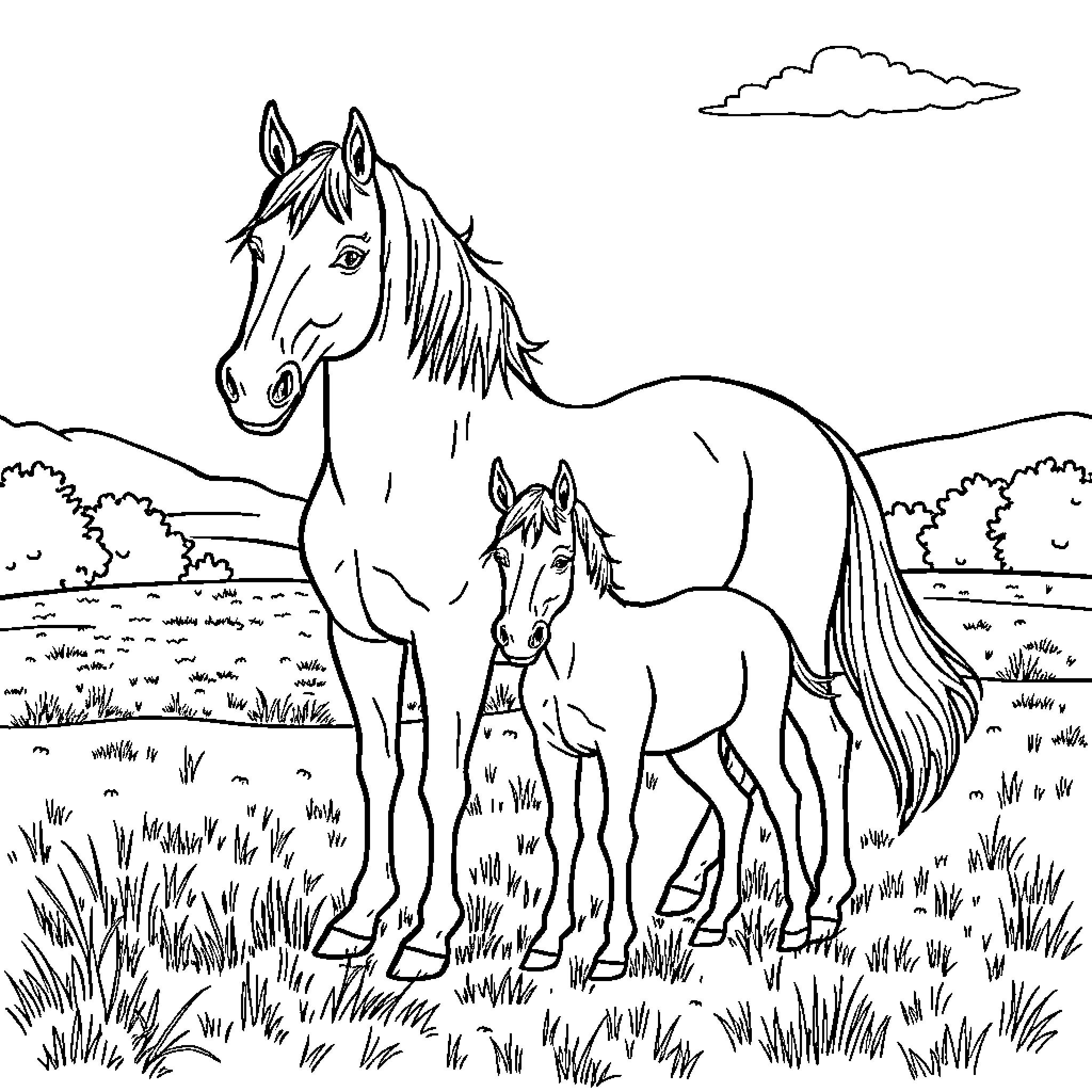 Horse and Foal in Scenic Outdoor Setting Coloring Page (free black-and-white line drawing printable PDF for all, from beginners to advanced learners, including children, teens, adults, and seniors)