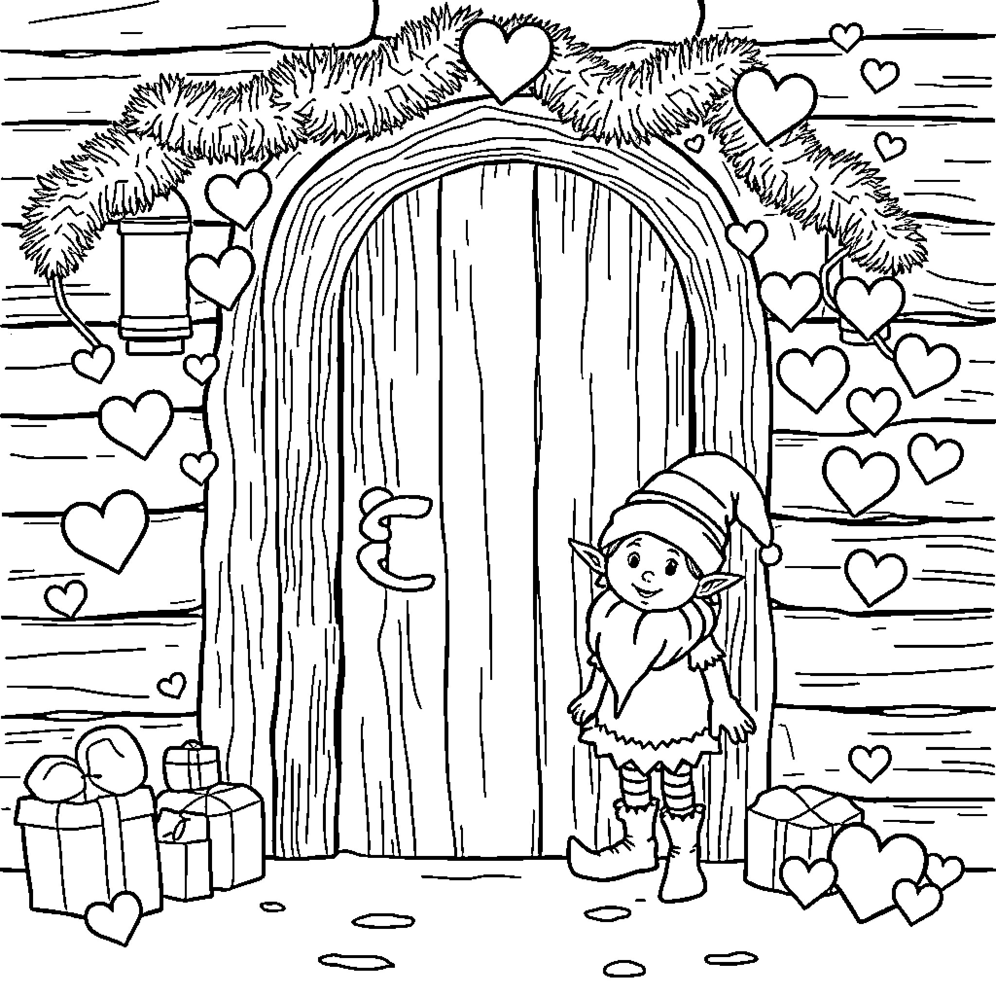 Elf standing by magical elf door with heart decor Coloring Page (free black-and-white line drawing printable PDF for all, from beginners to advanced learners, including children, teens, adults, and seniors)