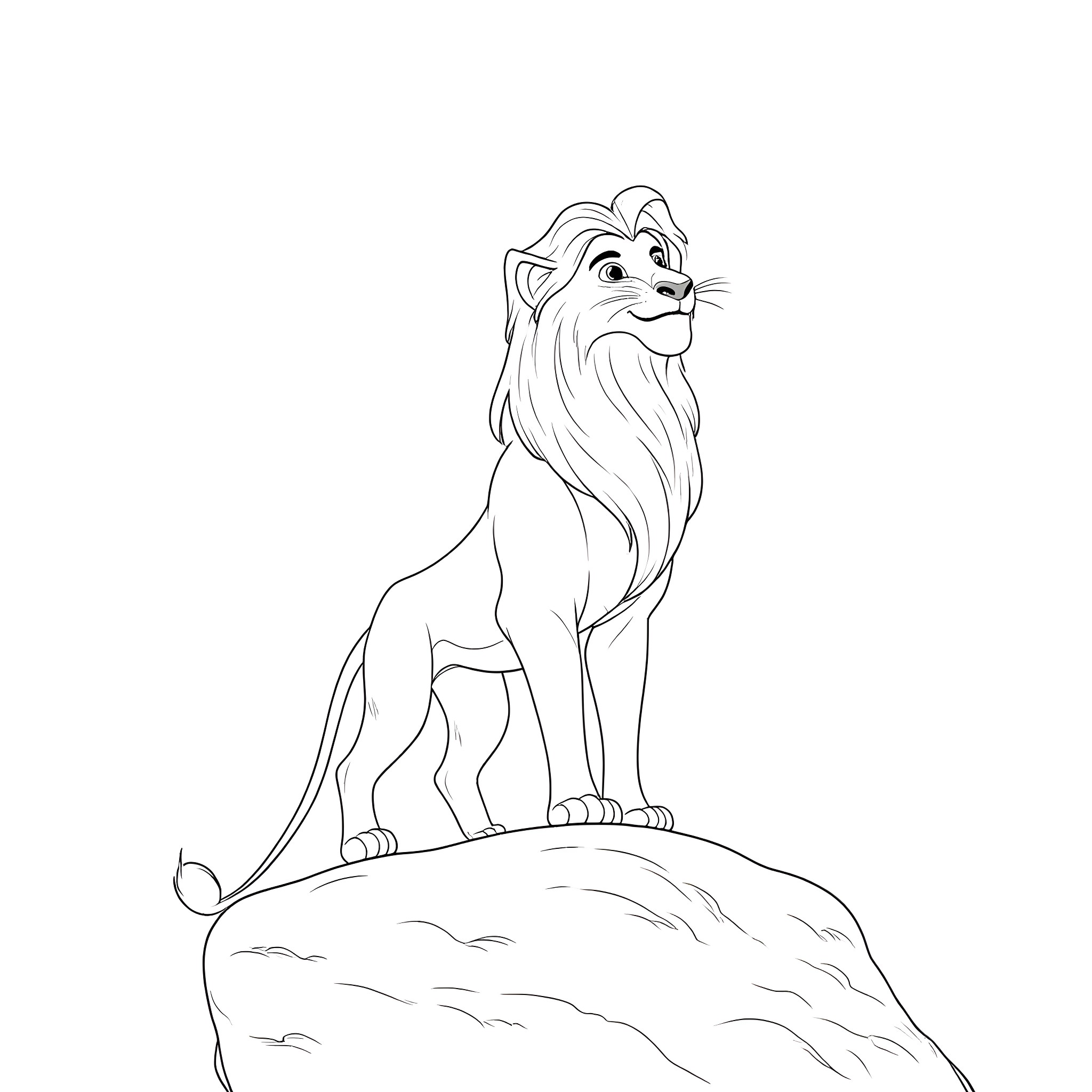 Lion standing proudly on a cliff Coloring Page (free black-and-white line drawing printable PDF for all, from beginners to advanced learners, including children, teens, adults, and seniors)