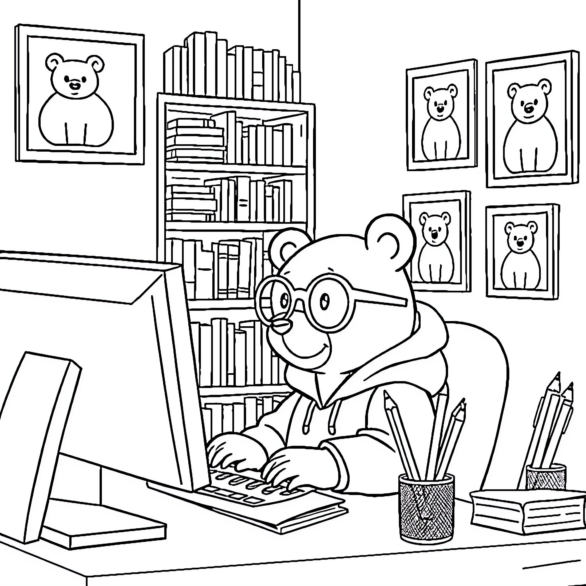 Bear studying diligently at the desk Coloring Page (free black-and-white line drawing printable PDF for all, from beginners to advanced learners, including children, teens, adults, and seniors)