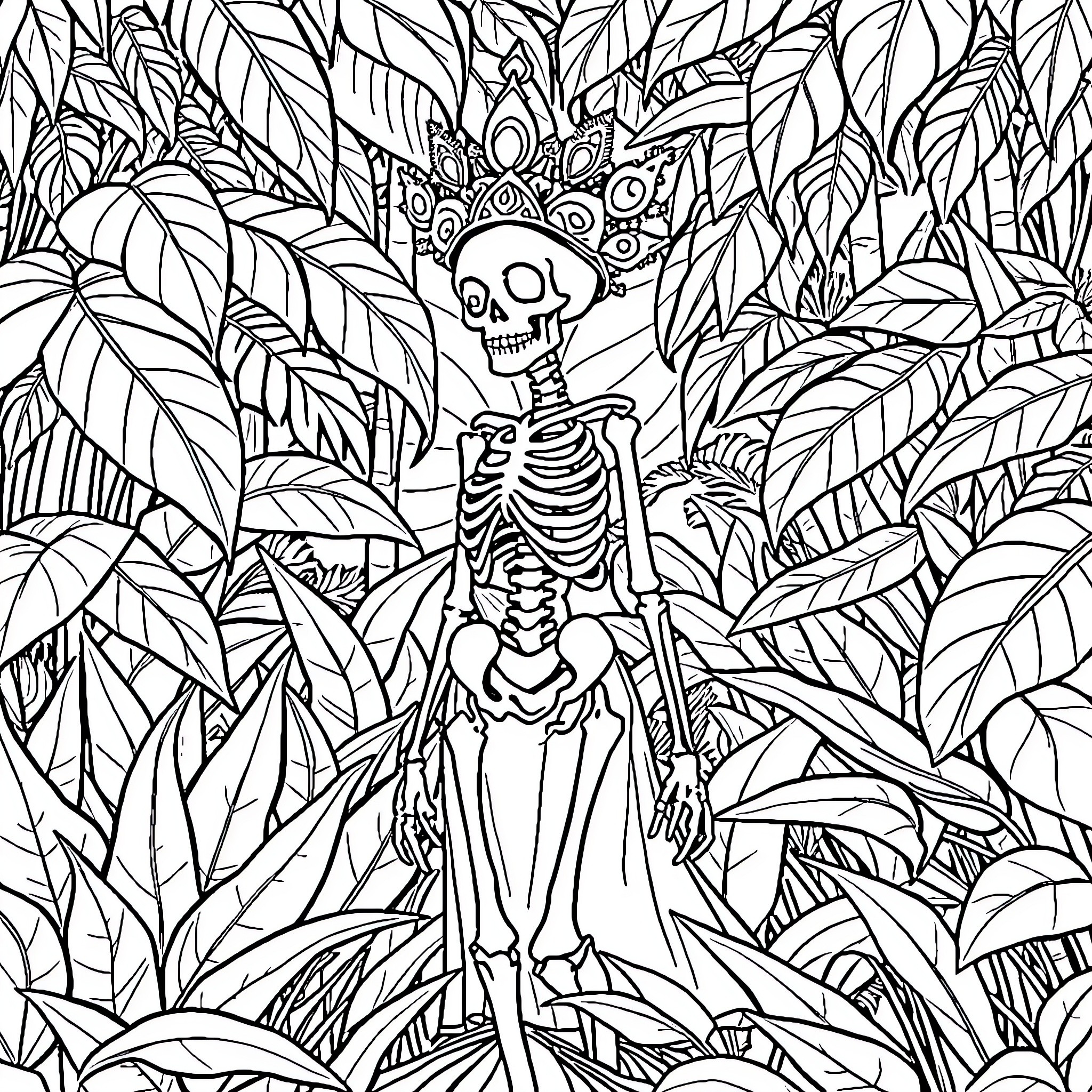 Skeleton Princess Exploring the Lush Jungle Foliage Coloring Page (free black-and-white line drawing printable PDF for all, from beginners to advanced learners, including children, teens, adults, and seniors)
