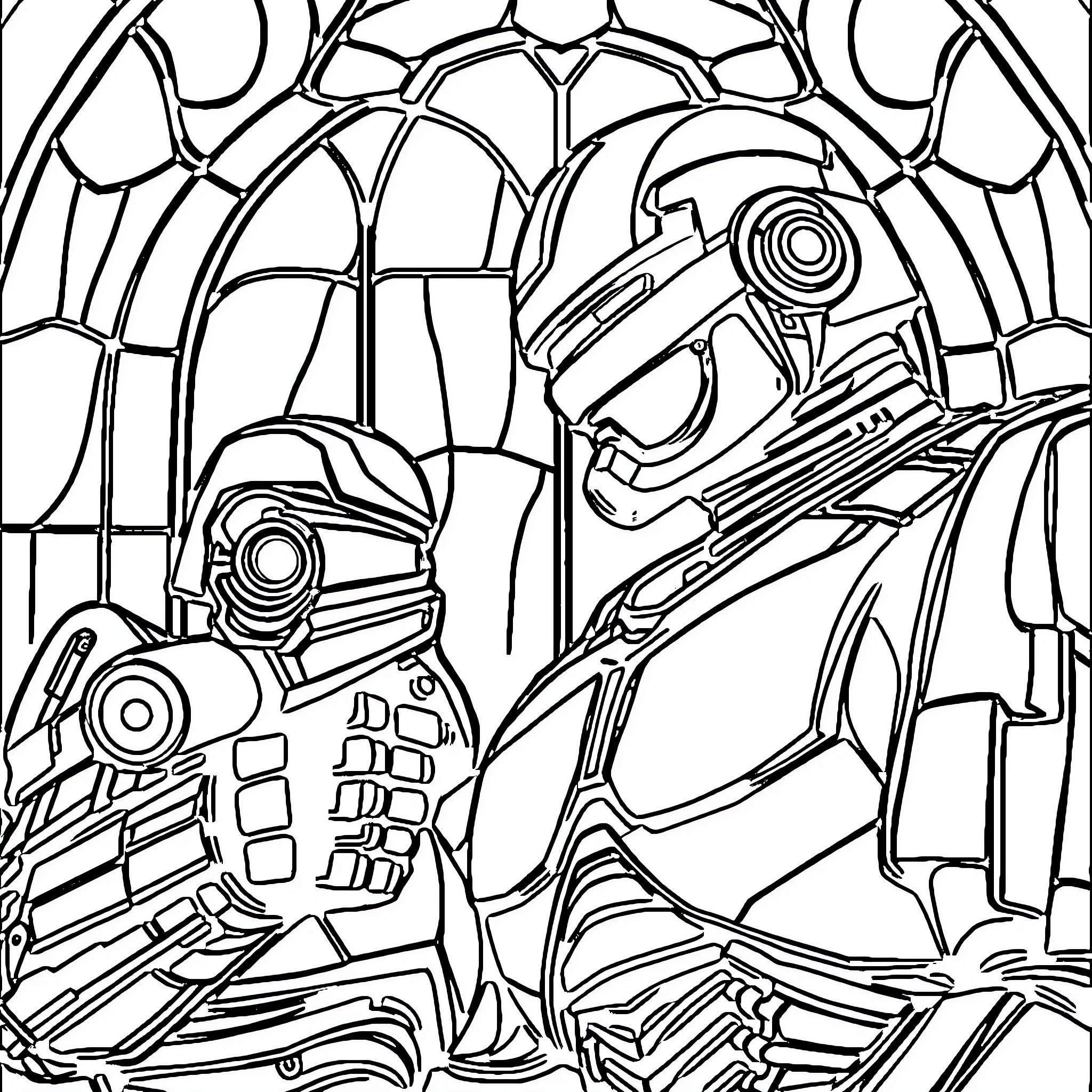 Robocop in action-packed futuristic scene Coloring Page (free black-and-white line drawing printable PDF for all, from beginners to advanced learners, including children, teens, adults, and seniors)