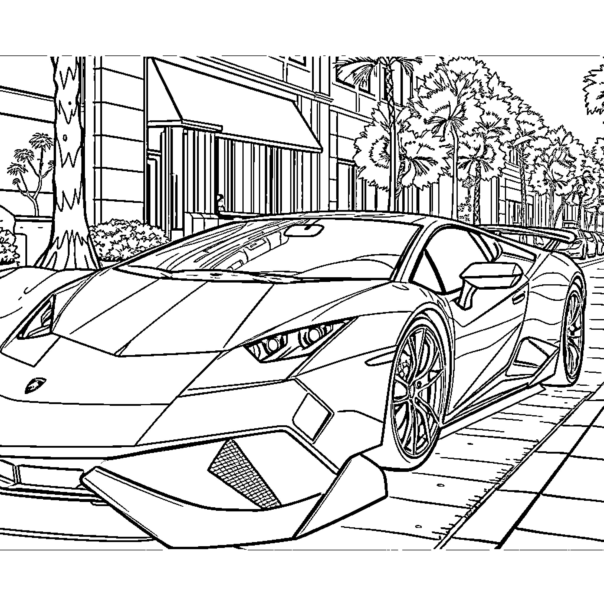 Lamborghini sports car on city street Coloring Page (free black-and-white line drawing printable PDF for all, from beginners to advanced learners, including children, teens, adults, and seniors)
