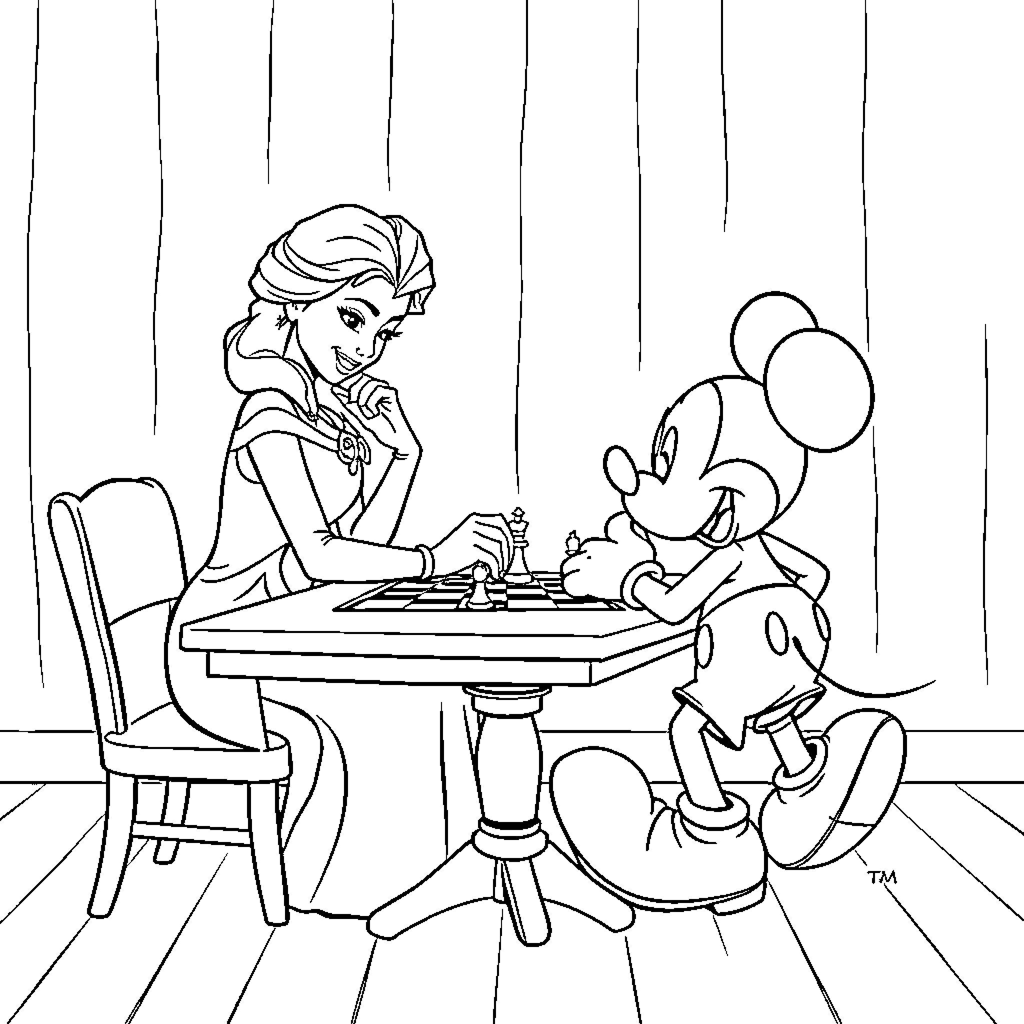 Elsa and Mickey Mouse playing chess Coloring Page (free black-and-white line drawing printable PDF for all, from beginners to advanced learners, including children, teens, adults, and seniors)