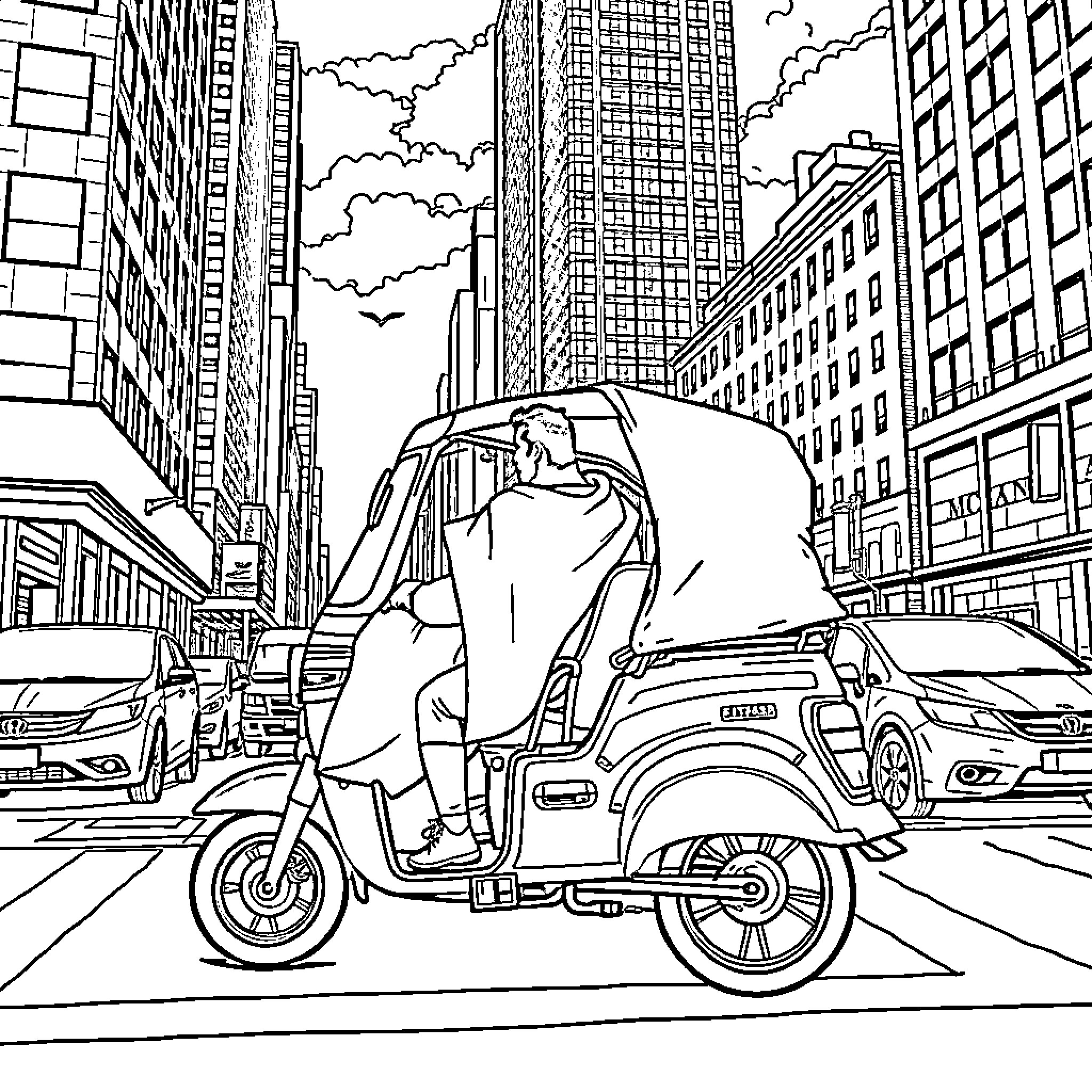 Superman riding a scooter in the city Coloring Page (free black-and-white line drawing printable PDF for all, from beginners to advanced learners, including children, teens, adults, and seniors)