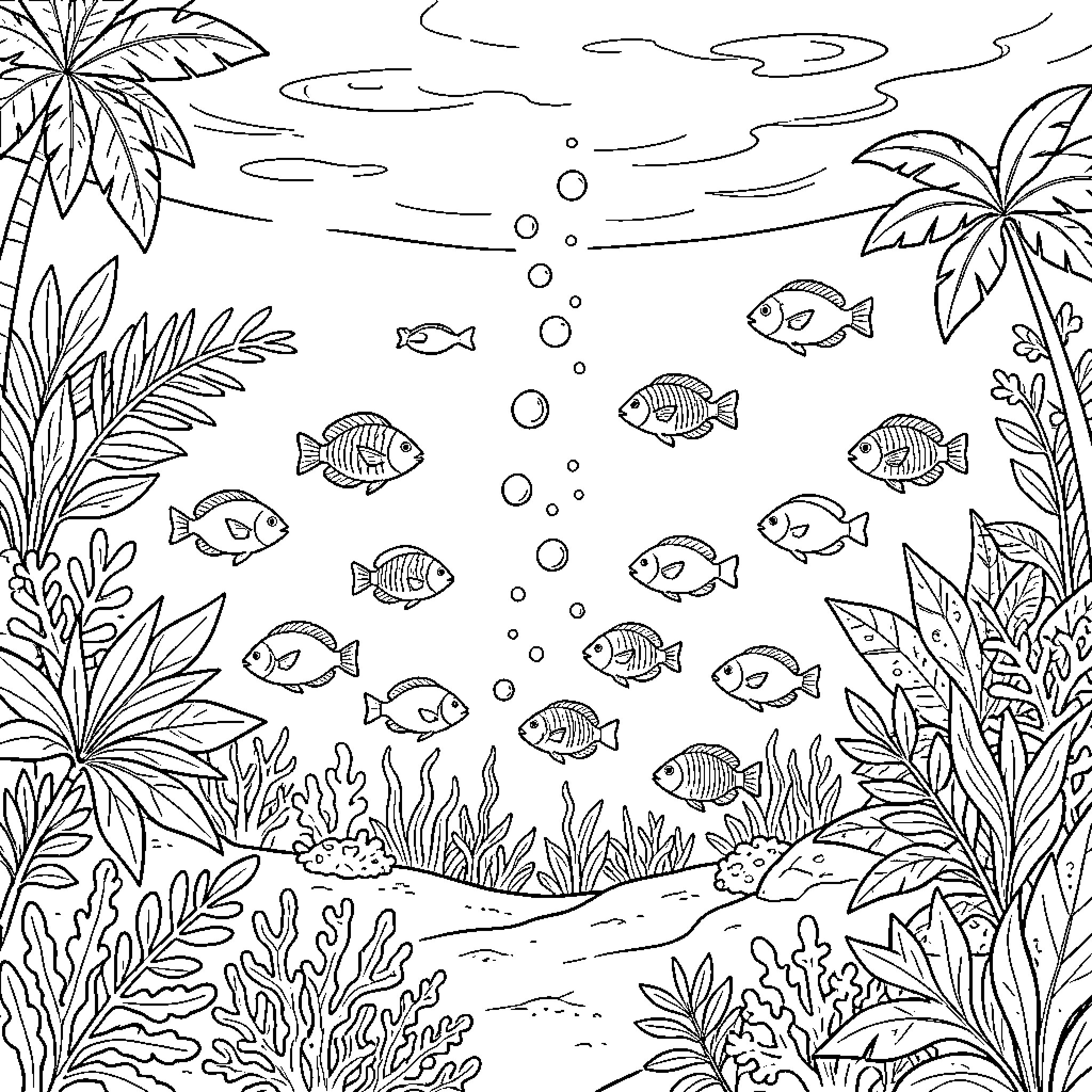 Fish swimming among tropical plants and bubbles Coloring Page (free black-and-white line drawing printable PDF for all, from beginners to advanced learners, including children, teens, adults, and seniors)