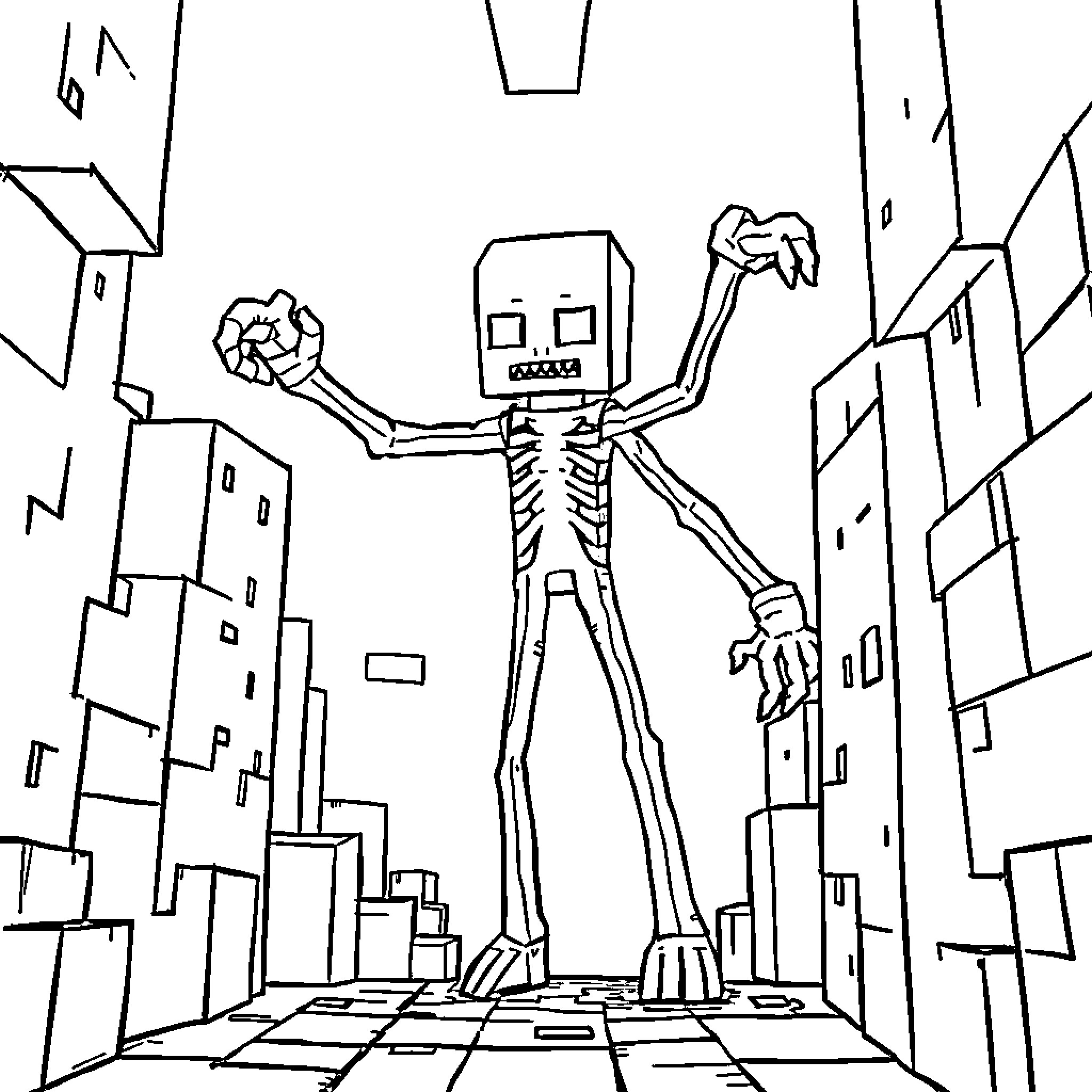 Enderman towering over the city Coloring Page (free black-and-white line drawing printable PDF for all, from beginners to advanced learners, including children, teens, adults, and seniors)