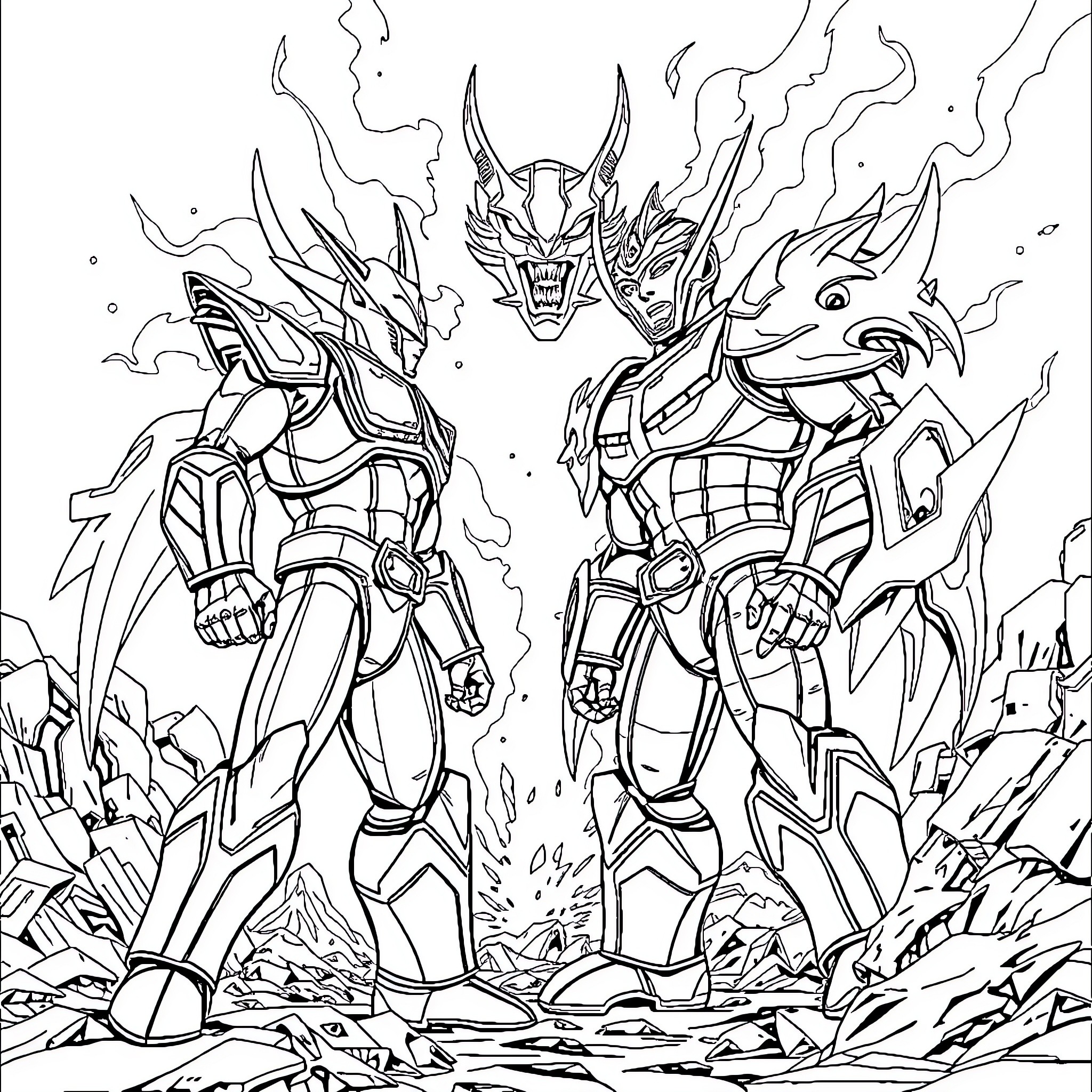 Ultraman heroes in fierce battle stance Coloring Page (free black-and-white line drawing printable PDF for all, from beginners to advanced learners, including children, teens, adults, and seniors)