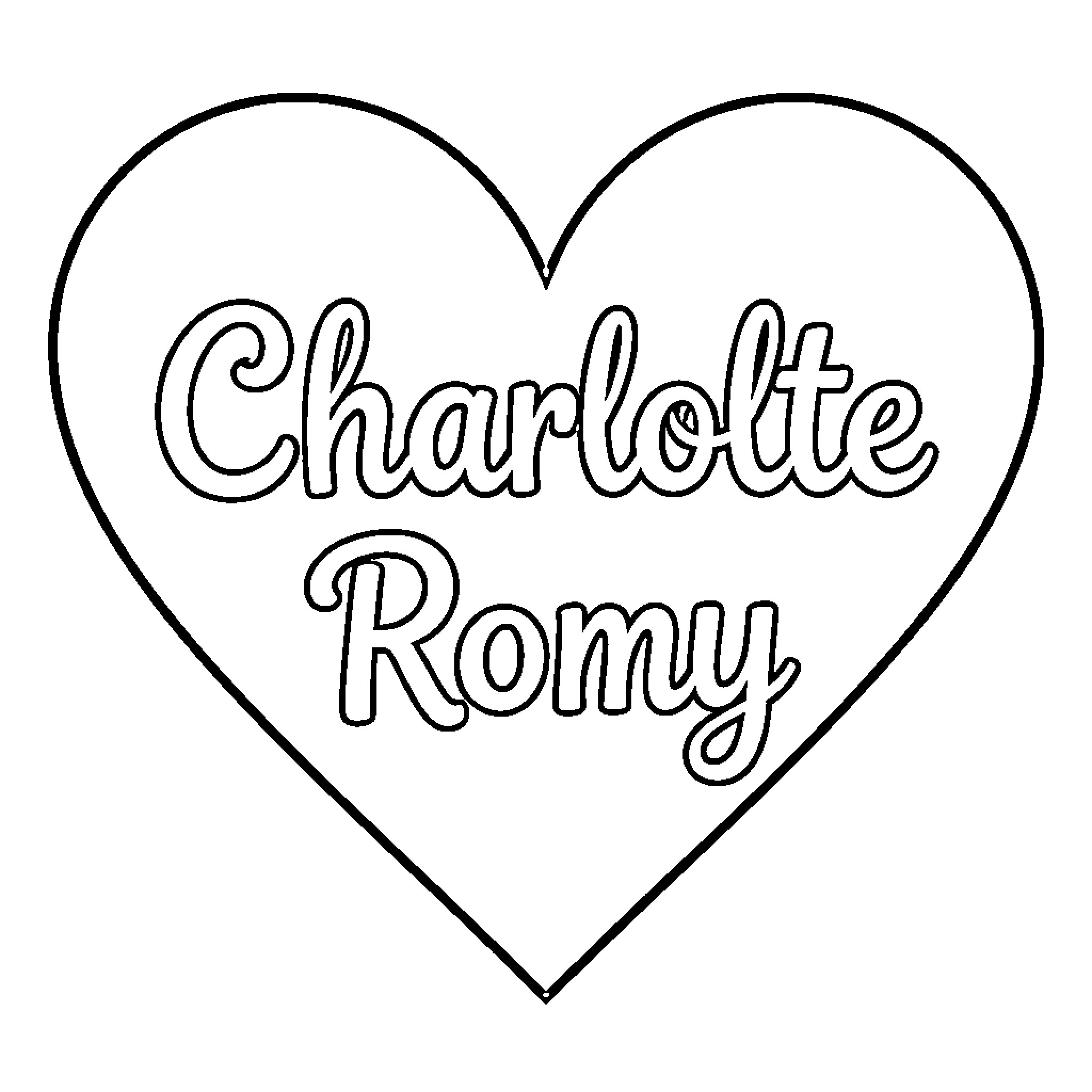 Heart shape containing two handwritten names Coloring Page (free black-and-white line drawing printable PDF for all, from beginners to advanced learners, including children, teens, adults, and seniors)