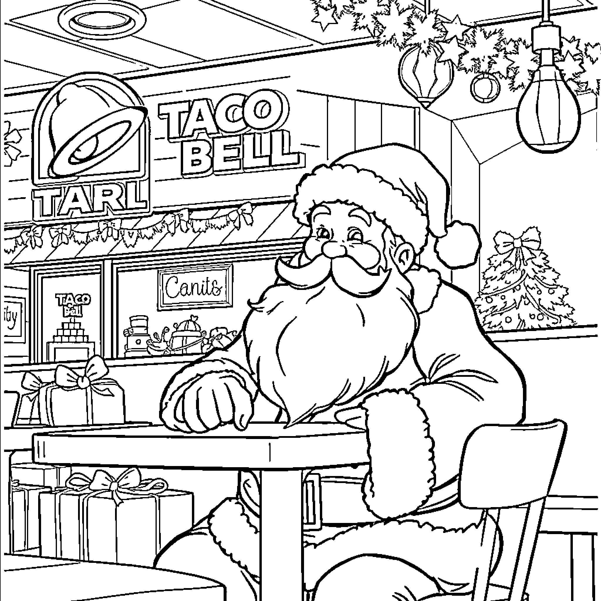 Santa working at Taco Bell during the holidays Coloring Page (free black-and-white line drawing printable PDF for all, from beginners to advanced learners, including children, teens, adults, and seniors)