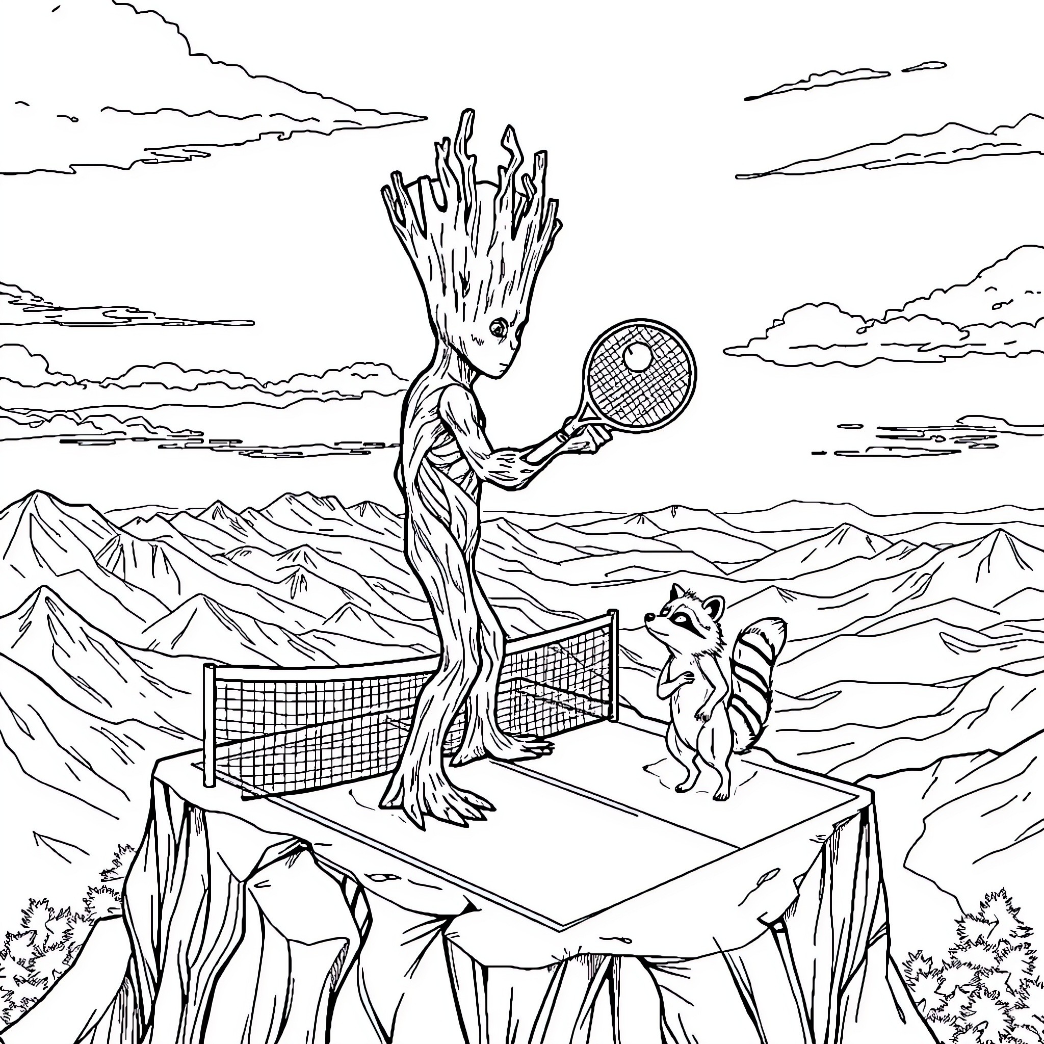 Groot playing tennis with a raccoon in the mountains Coloring Page (free black-and-white line drawing printable PDF for all, from beginners to advanced learners, including children, teens, adults, and seniors)