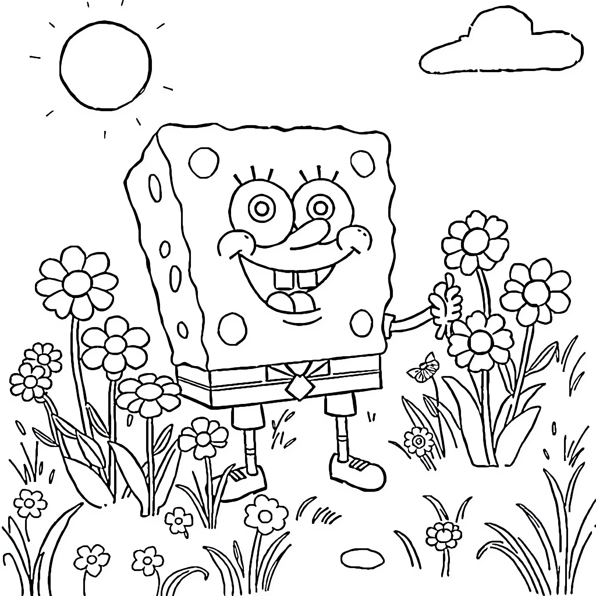 Spongebob joyfully surrounded by flowers in nature Coloring Page (free black-and-white line drawing printable PDF for all, from beginners to advanced learners, including children, teens, adults, and seniors)