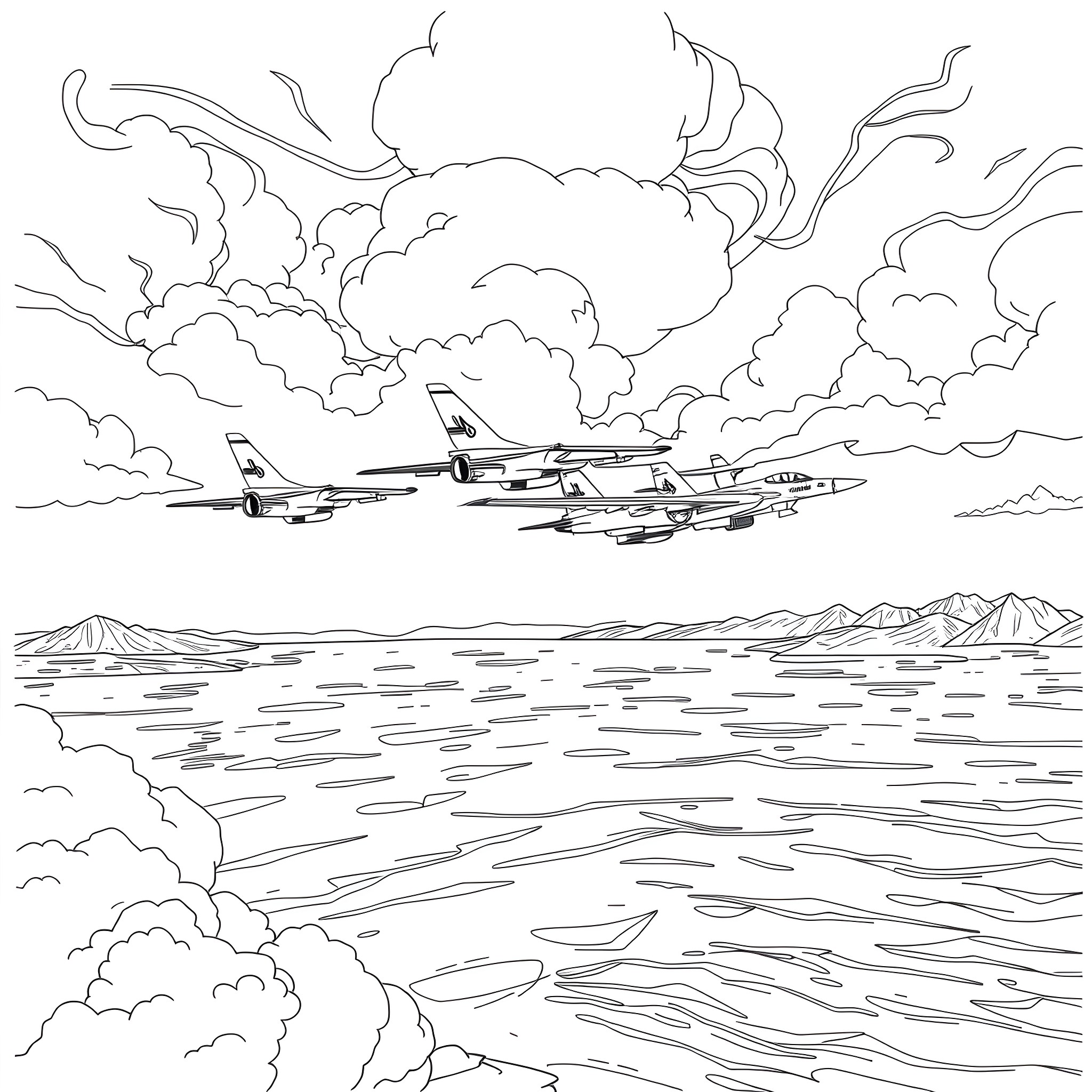 Thunderbird squadron soaring over the open sea Coloring Page (free black-and-white line drawing printable PDF for all, from beginners to advanced learners, including children, teens, adults, and seniors)